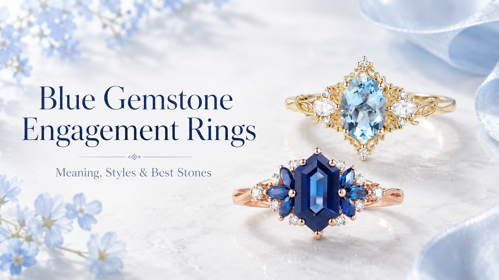 Blue gemstone engagement rings with sapphire and aquamarine inspired designs