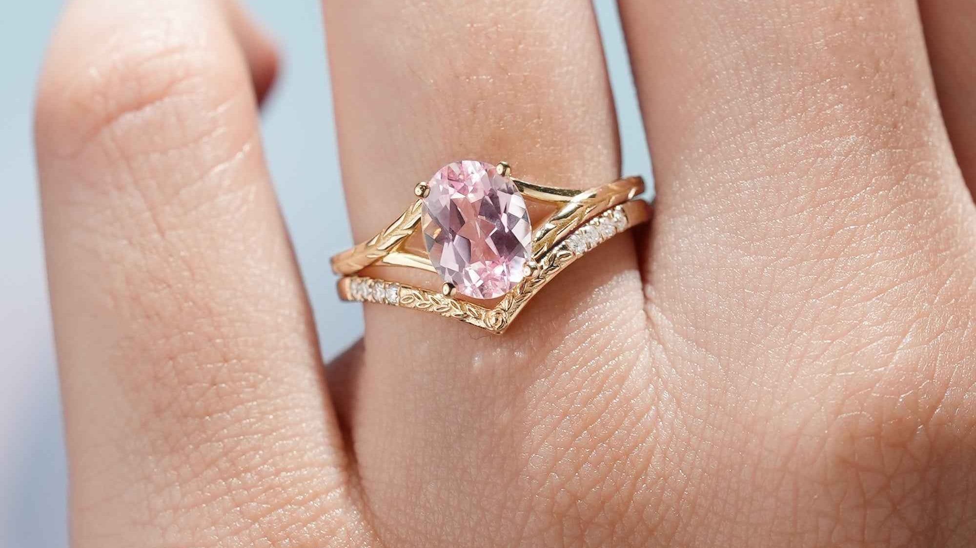 Pink Sapphire Engagement Ring Wedding Band