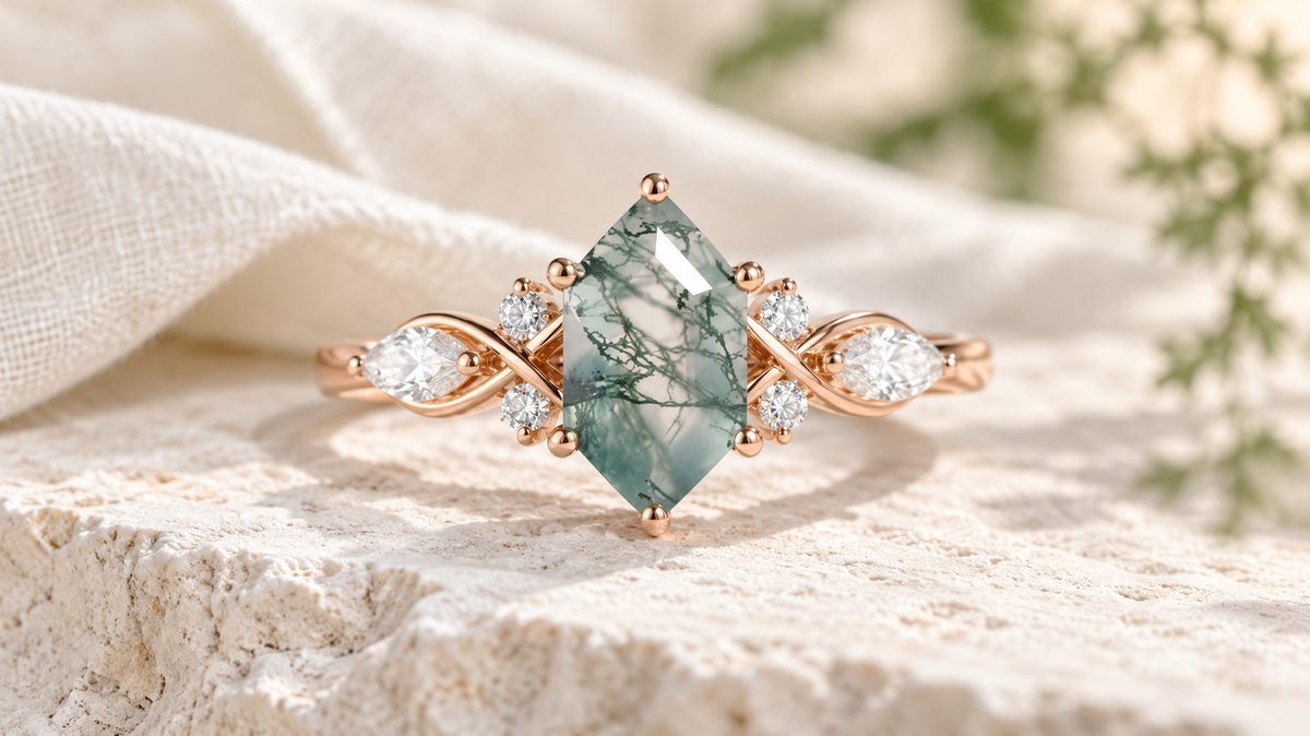 Hexagonal moss agate ring with green branching inclusions and clear accent stones in a rose gold setting