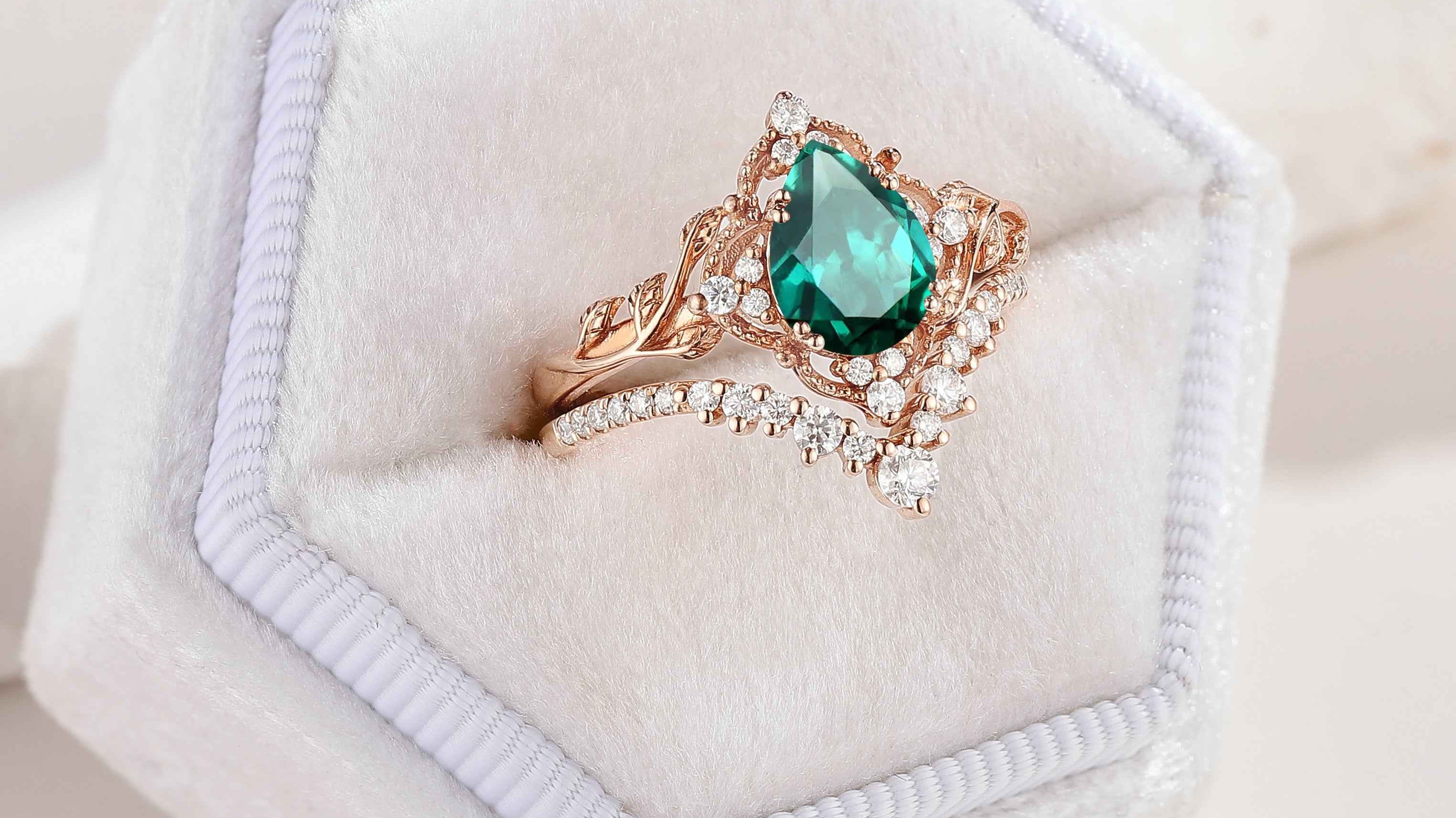 Emerald Leaf Engagement Ring Set 2pcs