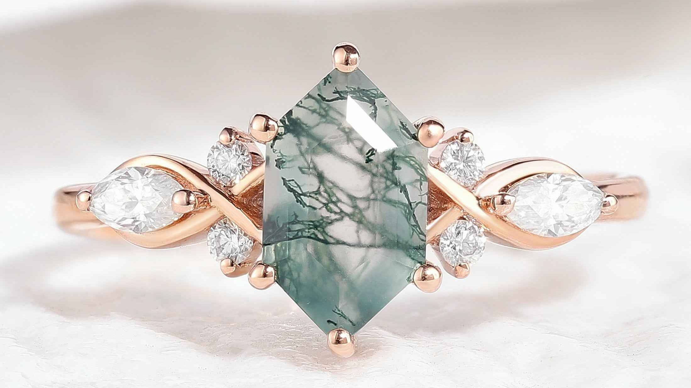 Unique Hexagon Shaped Moss Agate Engagement Ring