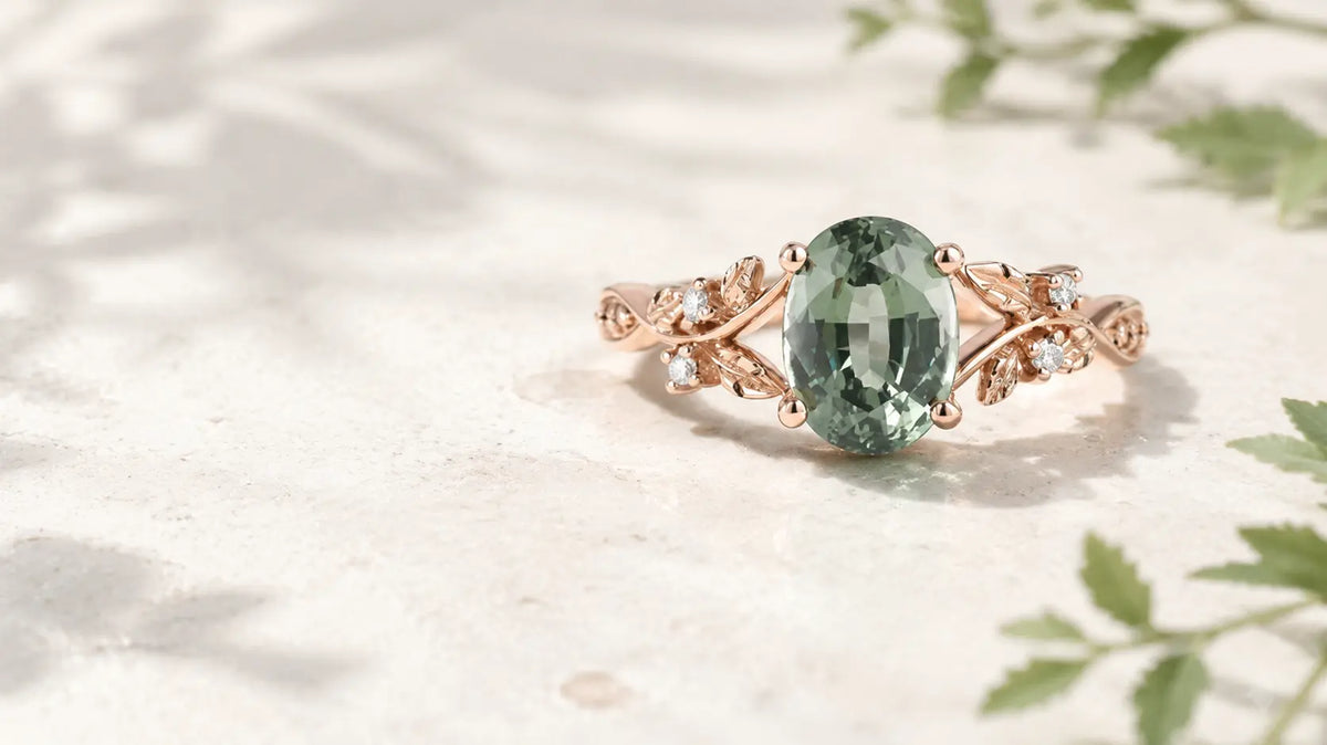 Oval green sapphire engagement ring with rose gold leaf and vine details