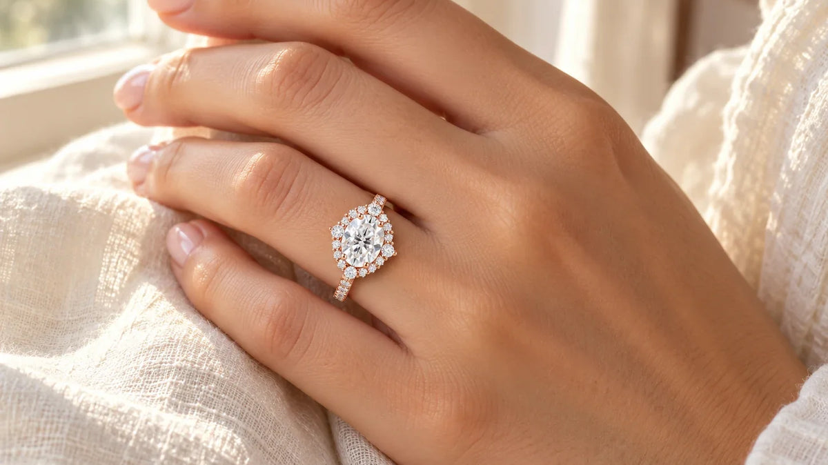 Rose gold pavé engagement ring with an oval center stone and halo, worn on a hand in soft window light.