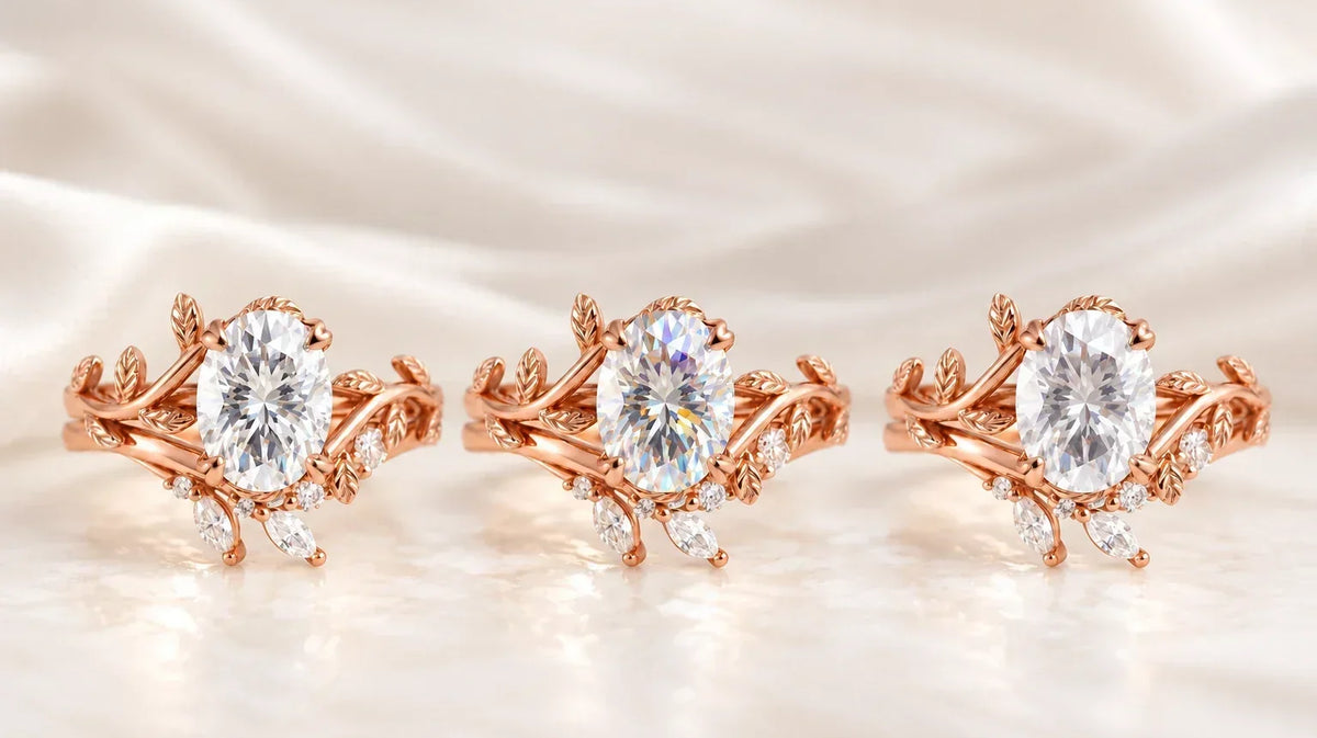 Three rose-gold engagement rings illustrating lab-grown diamond, moissanite, and cubic zirconia, from left to right