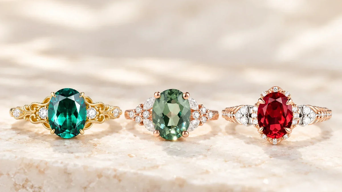 Three engagement rings featuring an emerald, green sapphire, and ruby, arranged side by side.