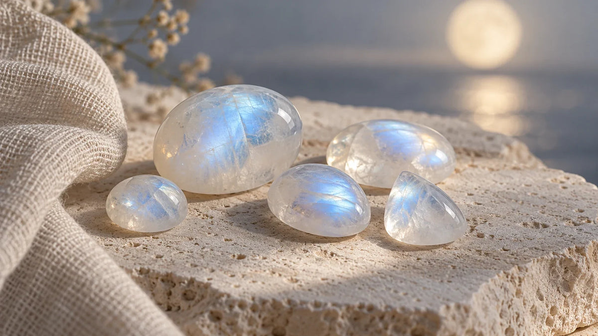 Moonstone gemstones with a soft blue sheen on pale stone beside ivory linen