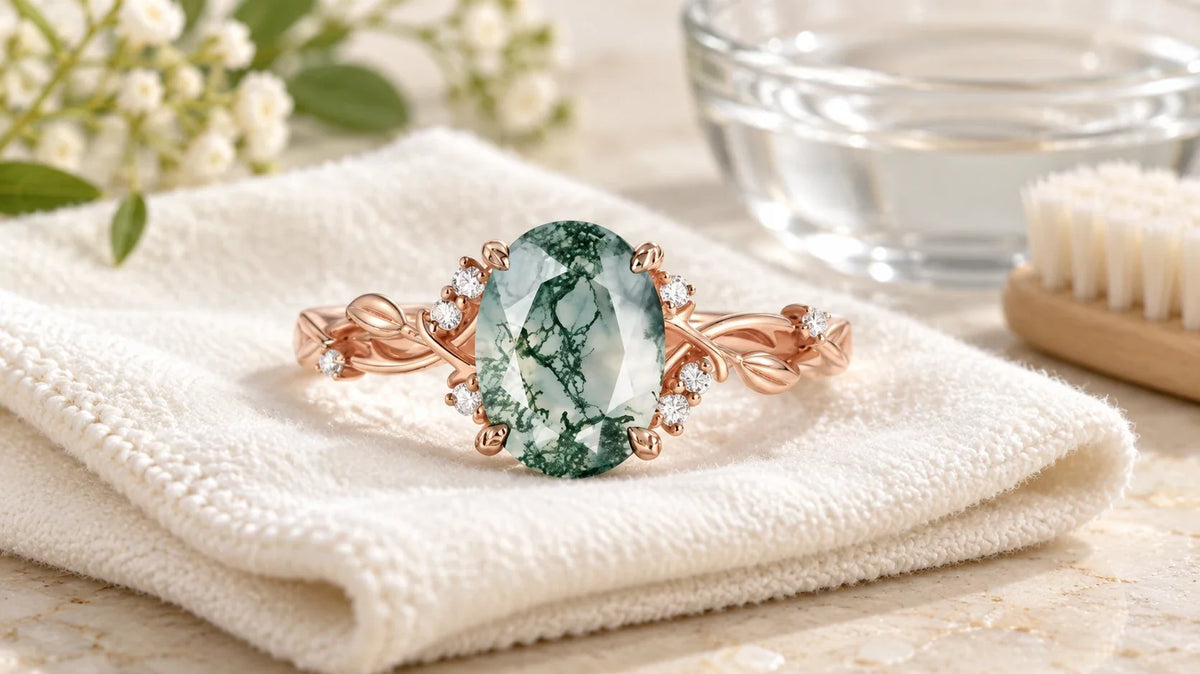 Oval moss agate ring with a rose gold vine band on an ivory cloth beside gentle cleaning supplies