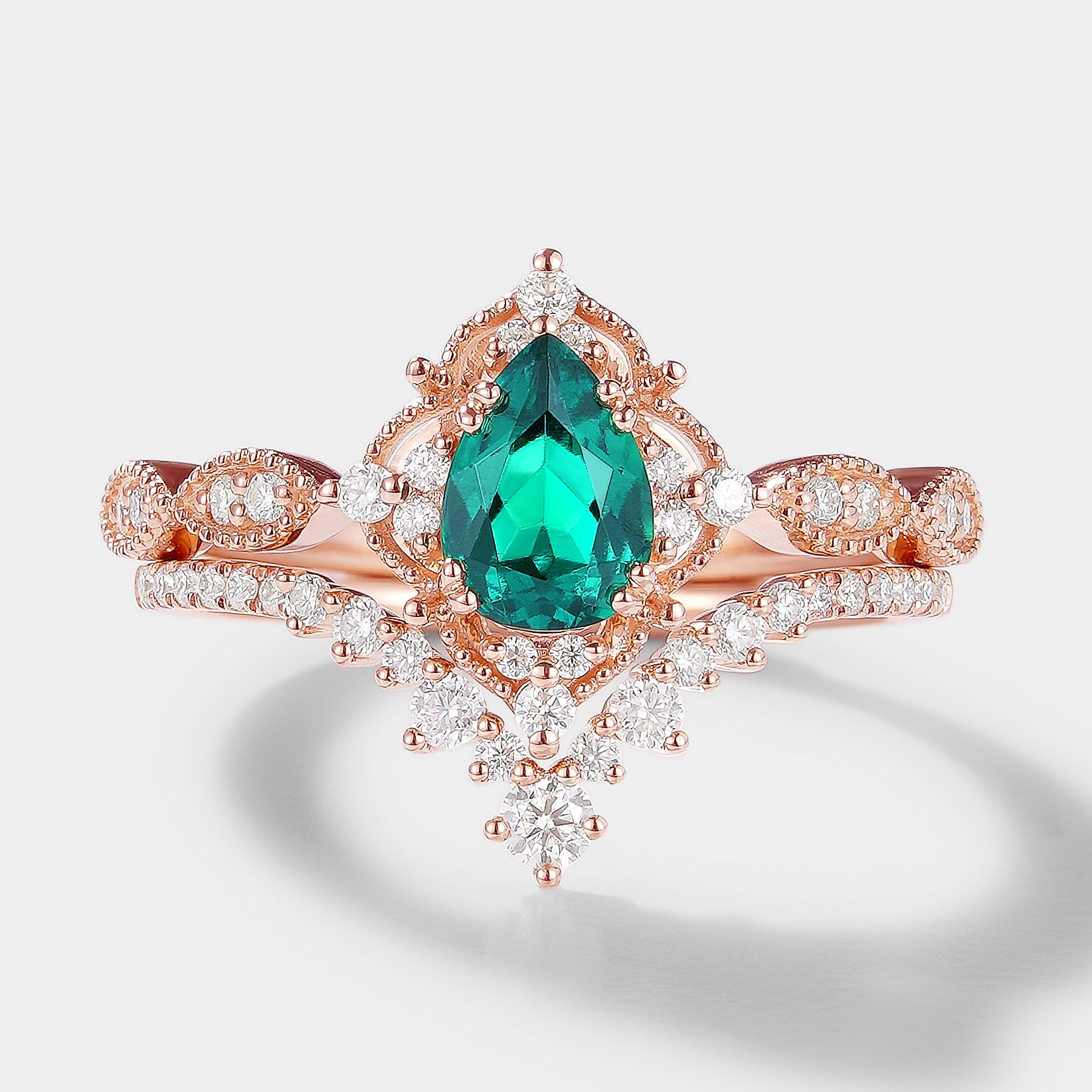 Vintage Pear Cut Emerald Engagement Ring Set, Rose Gold