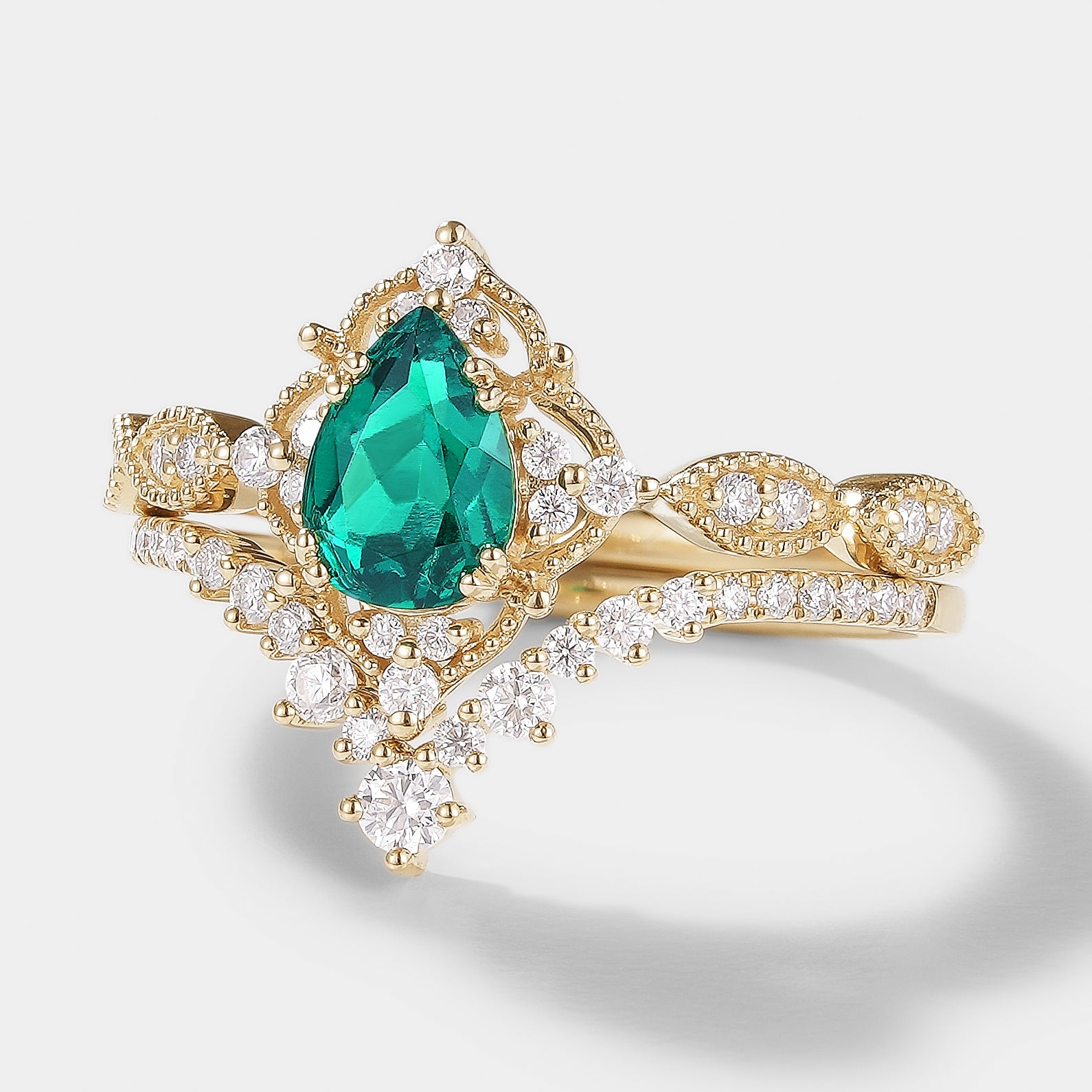 Pear Cut Lab Emerald Engagement Ring Bridal Set, Gold Setting
