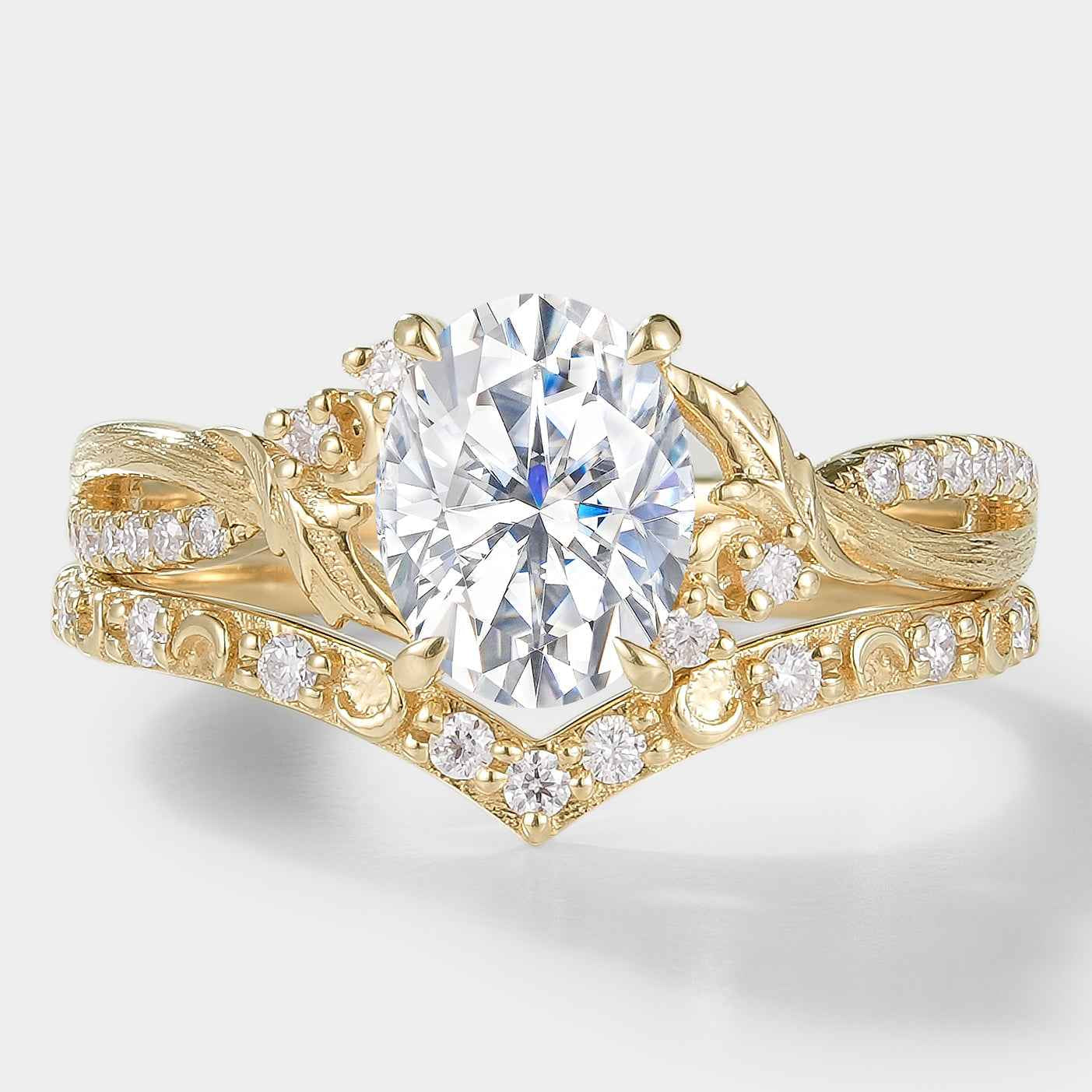 Lab Diamond Leaf Bark Texture Engagement Ring Sets 2pcs For Anika