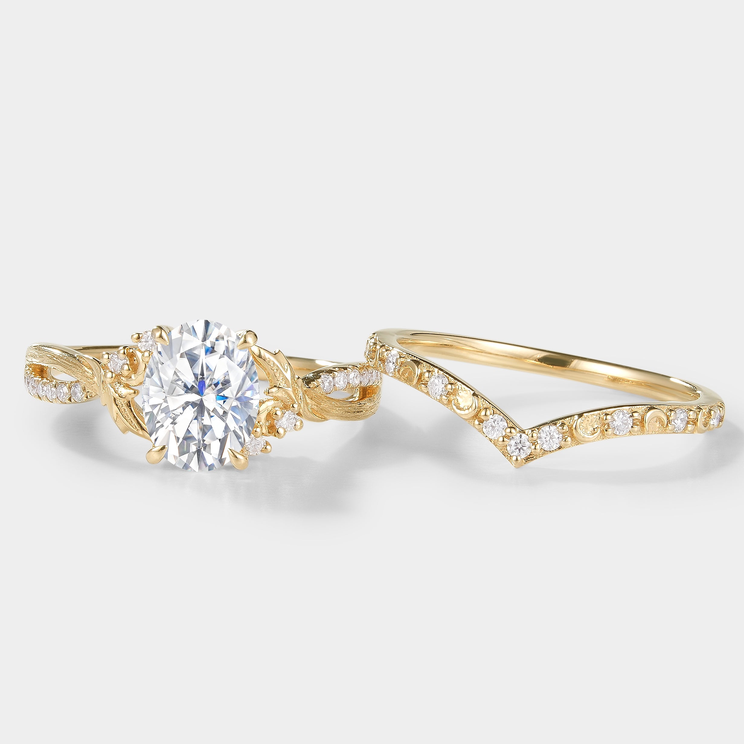 Gold Moissanite Leaf Engagement Ring Set with Bark Texture, bridal set.