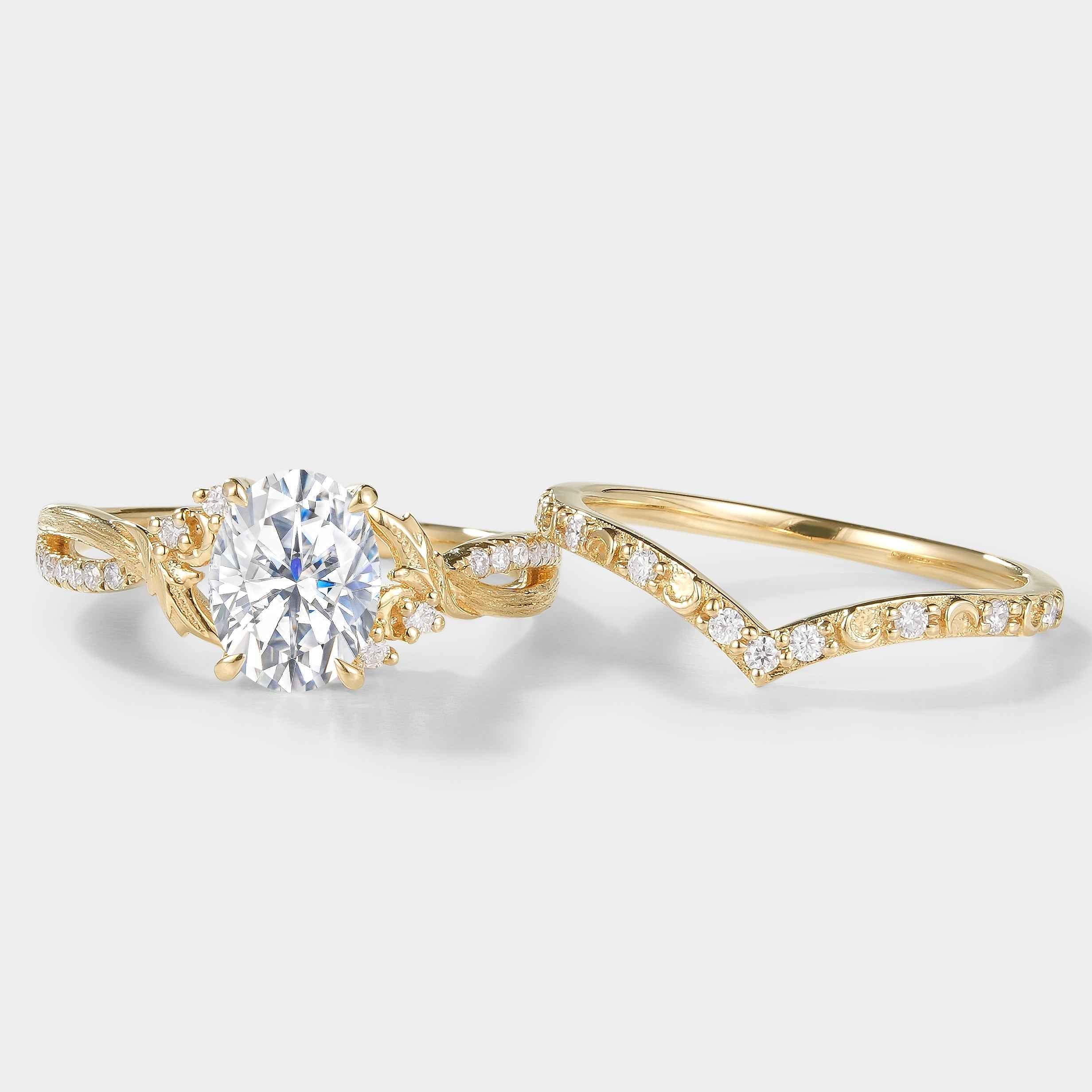 Lab Diamond Leaf Bark Texture Engagement Ring Sets 2pcs For Anika