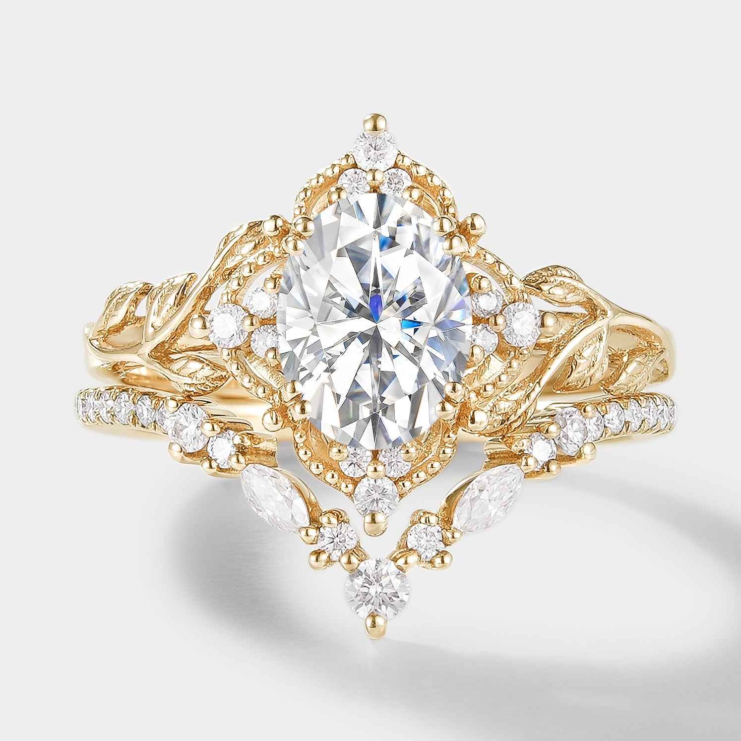 Oval Cut 1ct Lab-Diamond Leaf Engagement Ring Bridal Set 2pcs For Caleb