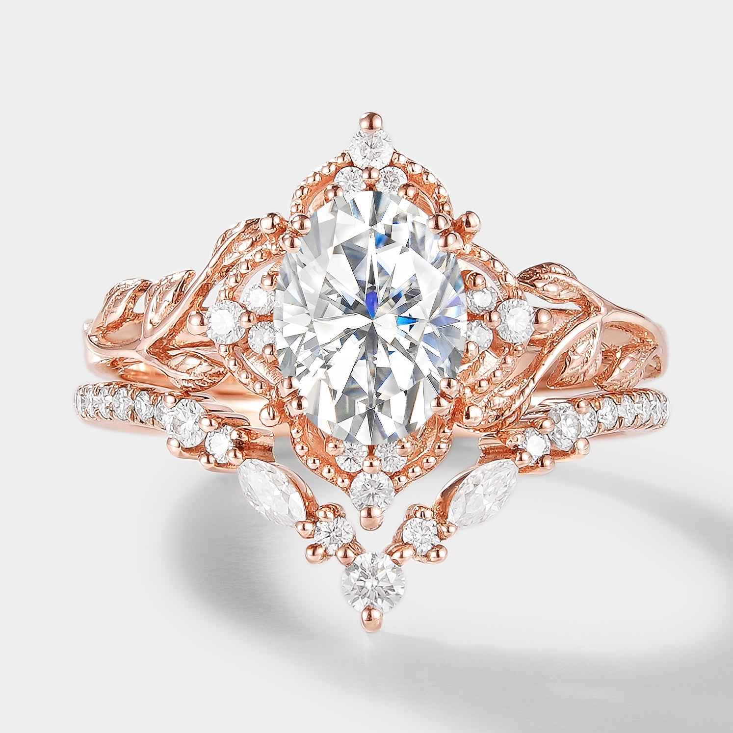 Oval Cut Moissanite Leaf Engagement Ring Bridal Set