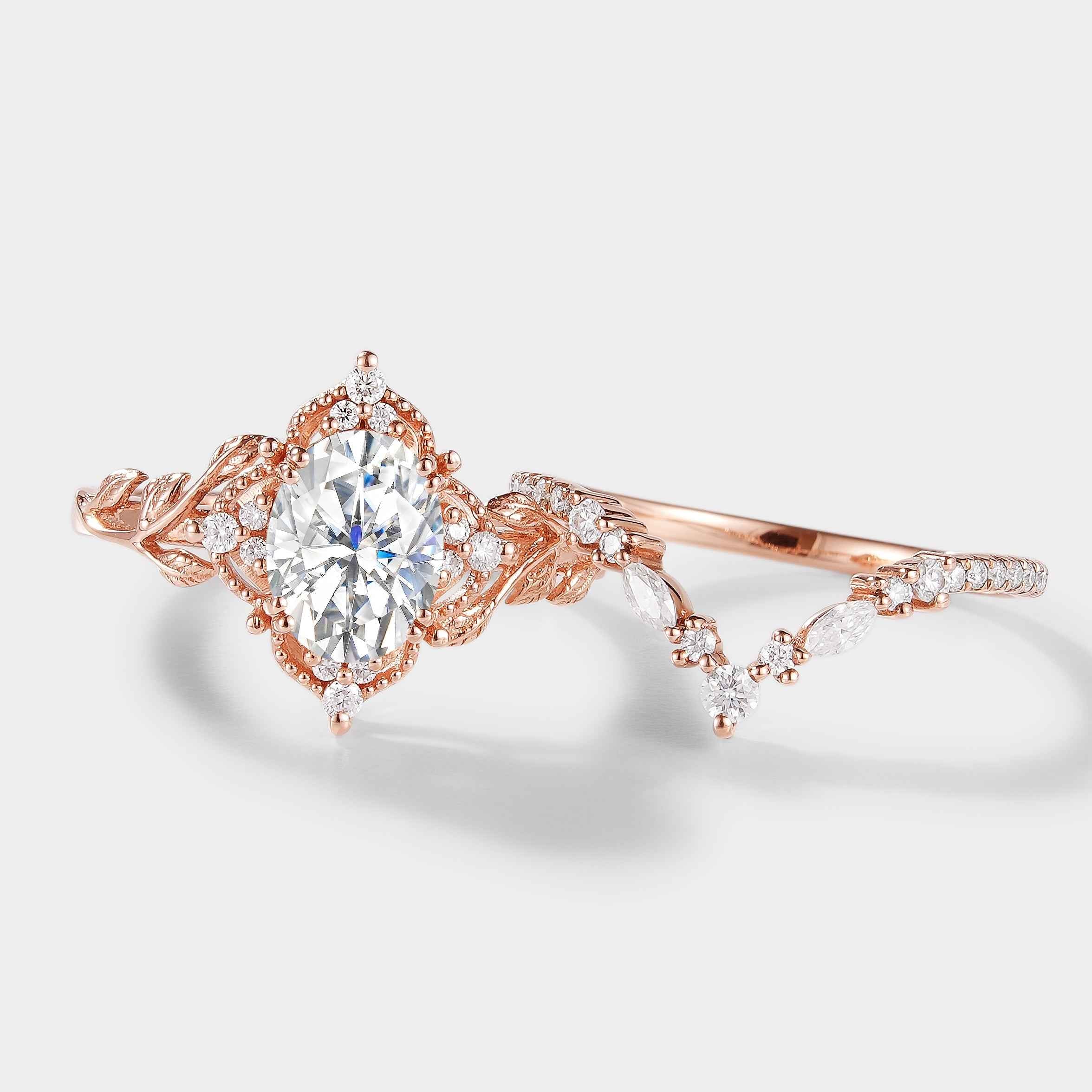 Rose gold oval moissanite leaf engagement ring and wedding band bridal set