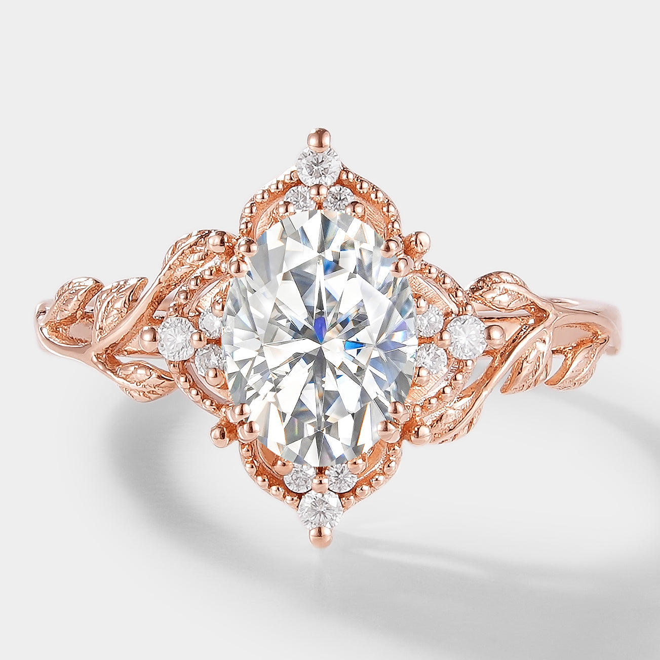 Oval Moissanite Leaf Engagement Ring in Rose Gold, Bridal Set
