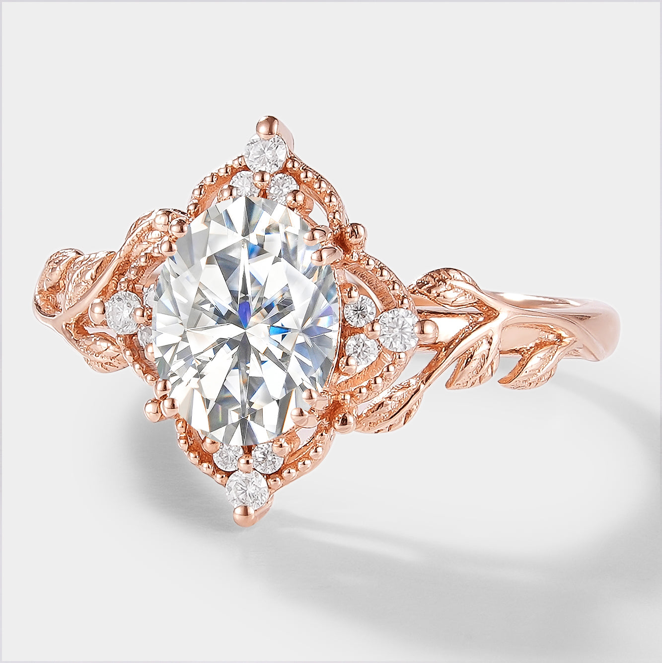 Rose gold oval moissanite engagement ring with leaf accents, bridal set, Sylva ring