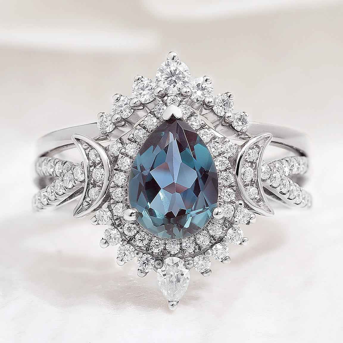 Unique Pear Shaped Alexandrite Engagement Ring Set Moissanite Cluster Wedding Band