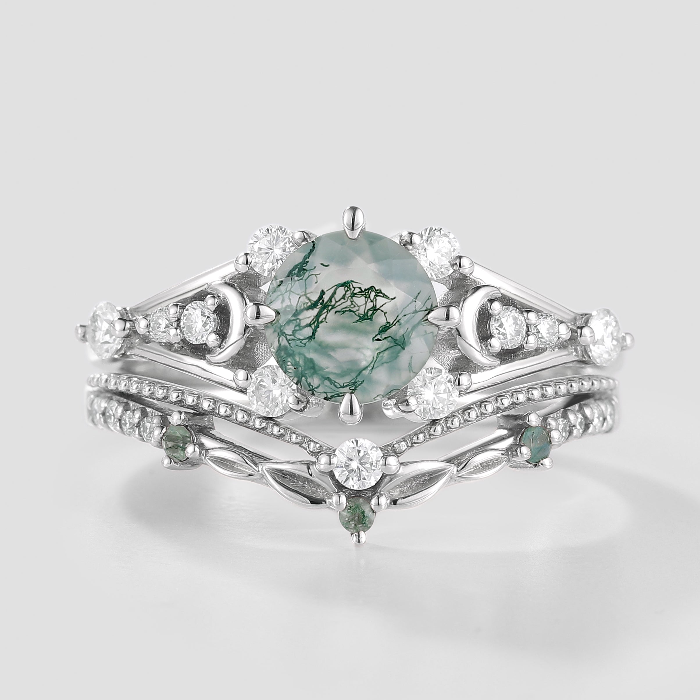 Round Moss Agate Engagement Ring Set with Leaf Wedding Band