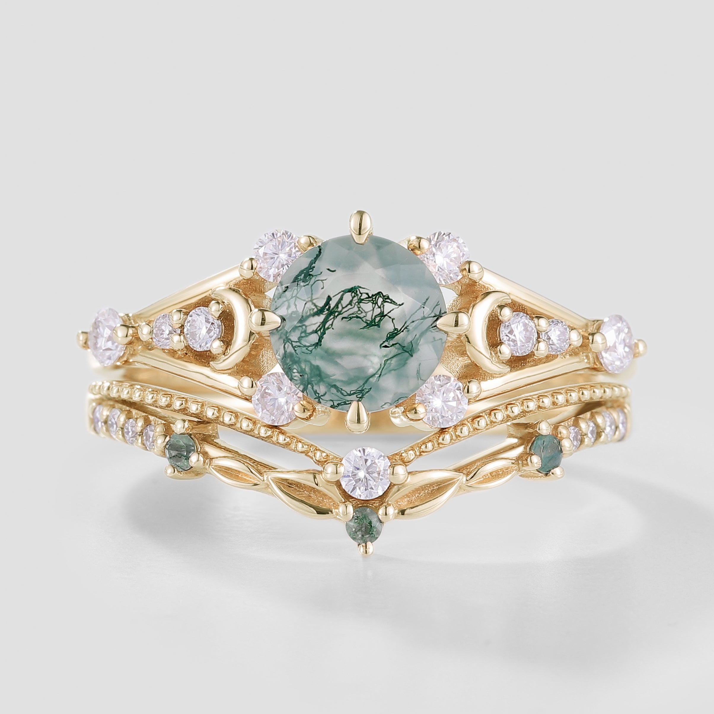 Nature-Inspired Moss Agate Engagement Ring Set