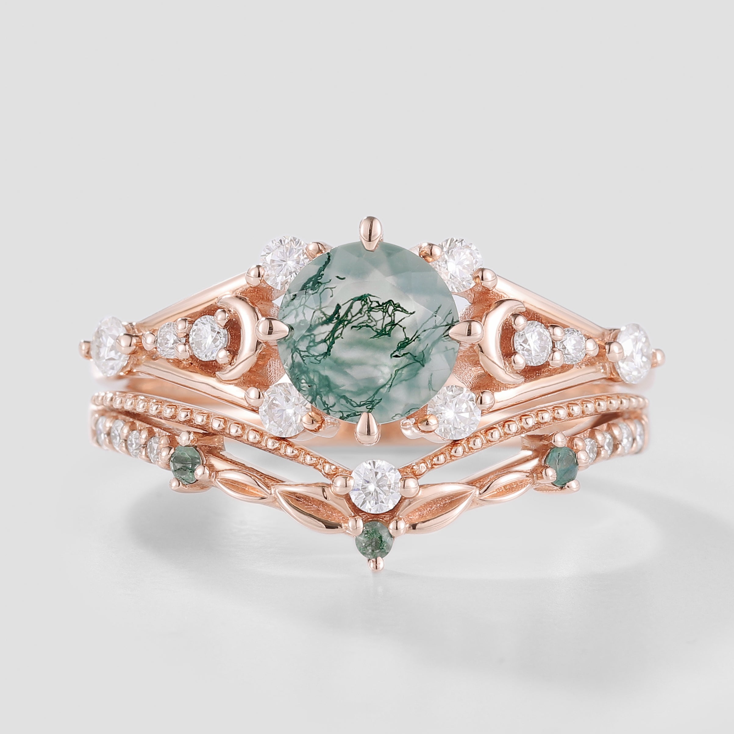 Moss Agate Engagement Ring Set with Leaf Wedding Band