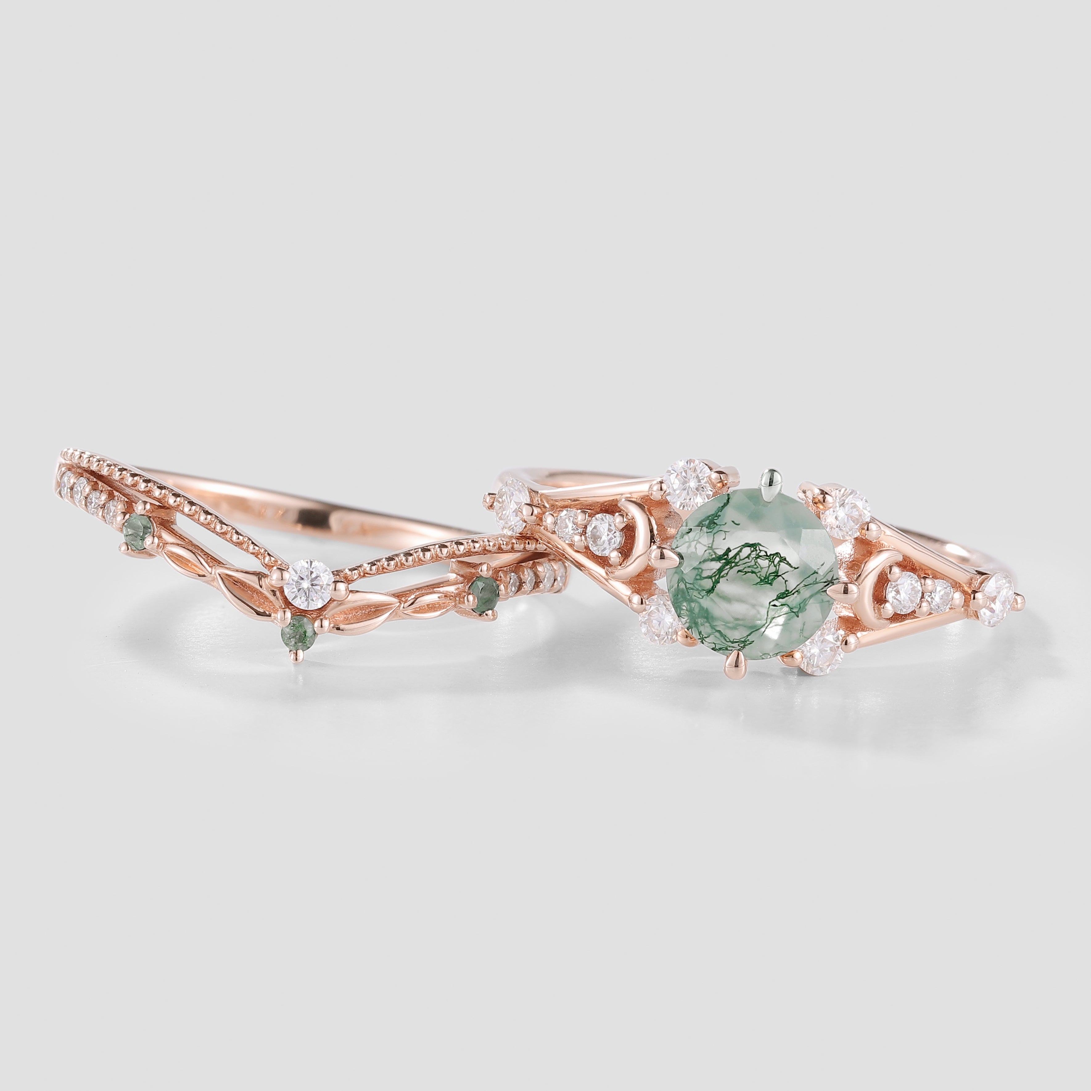Rose Gold Moss Agate Engagement Ring Set, Leaf Wedding Band