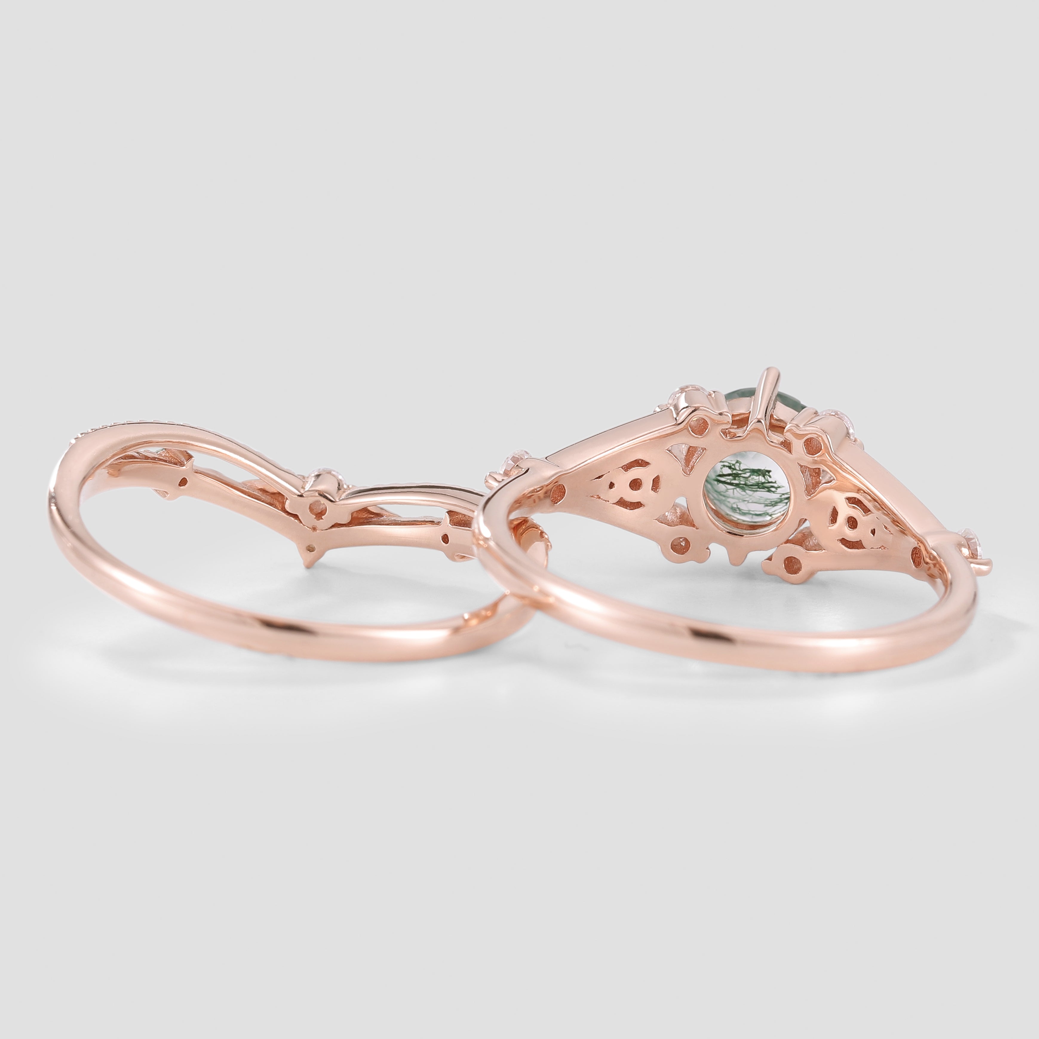 Rose gold moss agate engagement ring set with leaf band