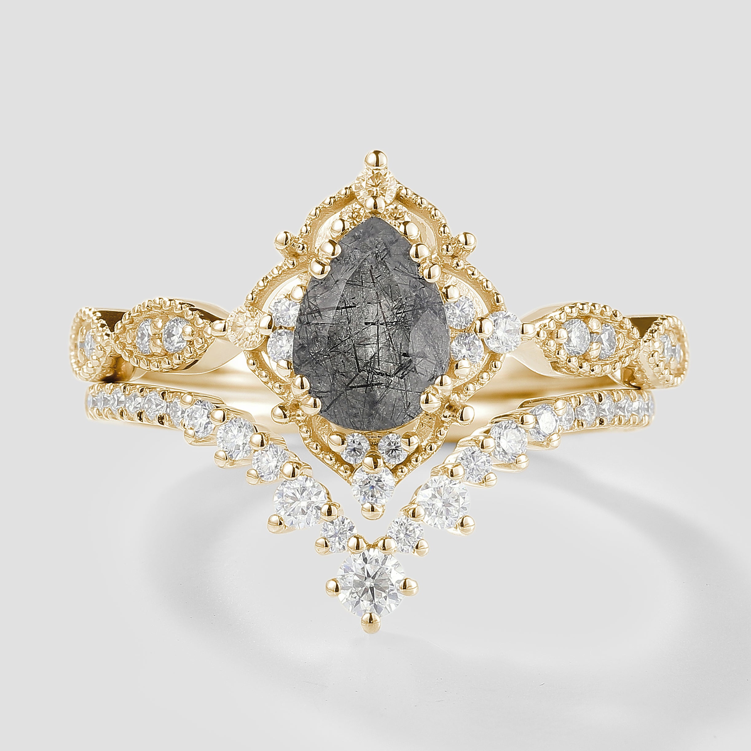Vintage black rutilated quartz ring set