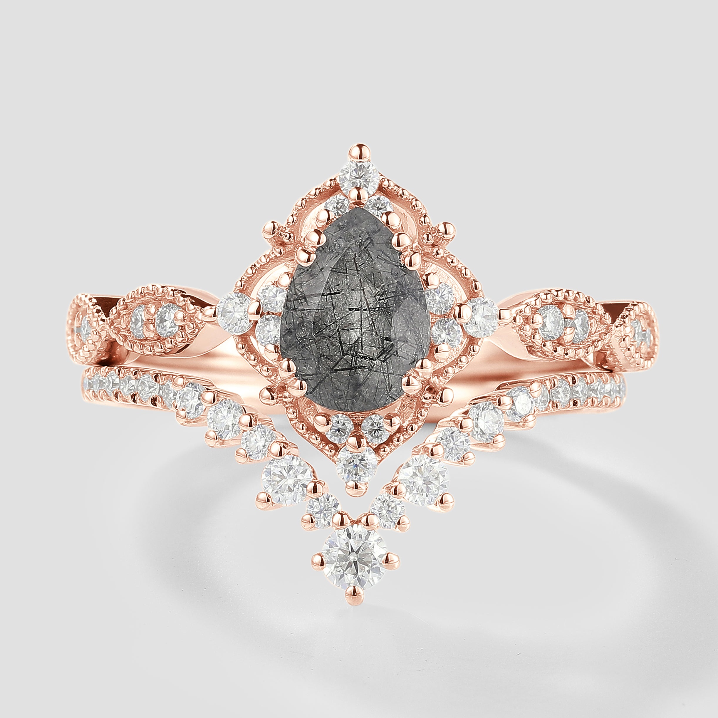 Rose gold vintage engagement ring set with black rutilated quartz