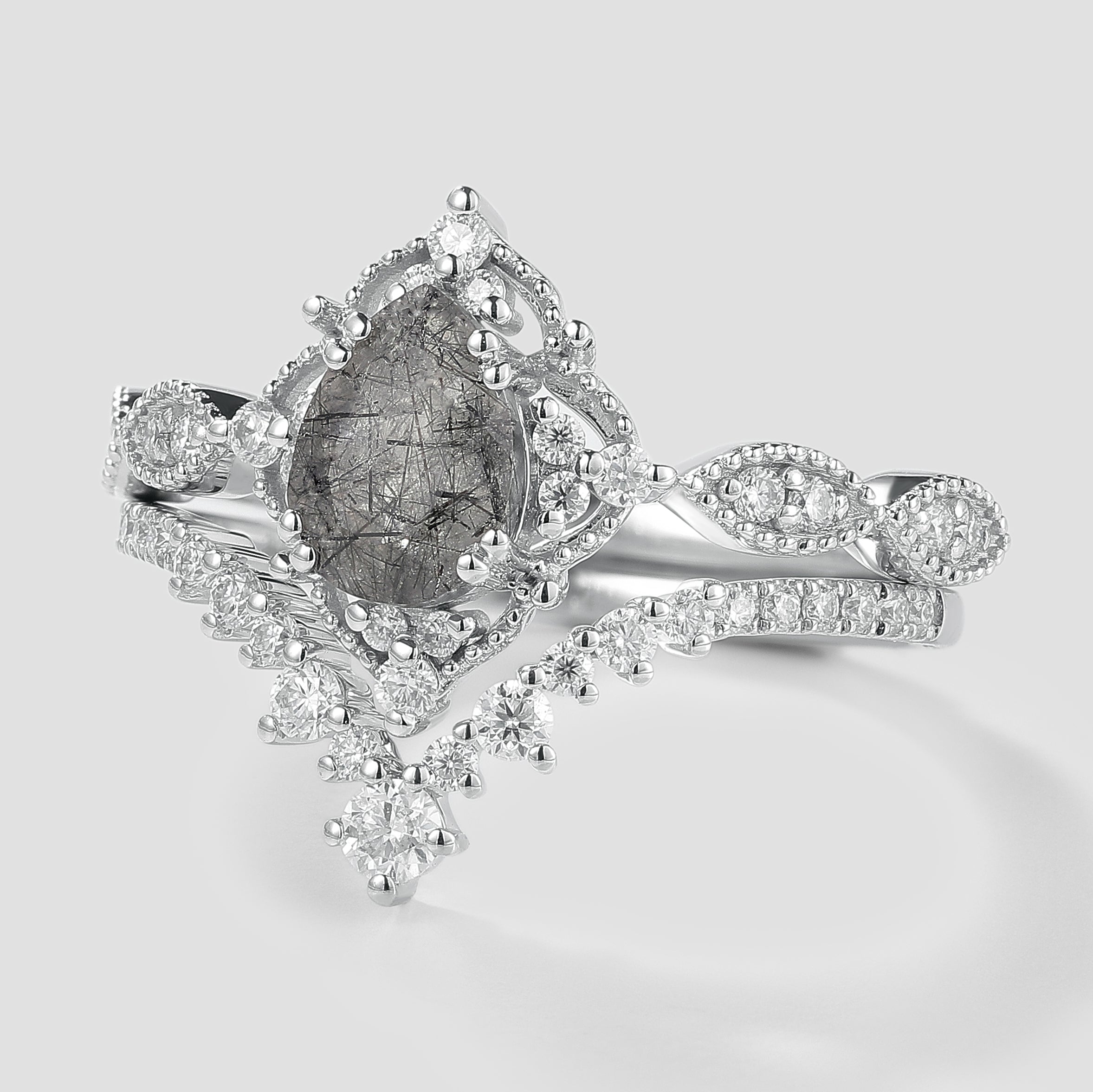 Vintage black rutilated quartz engagement ring set, moissanite accents