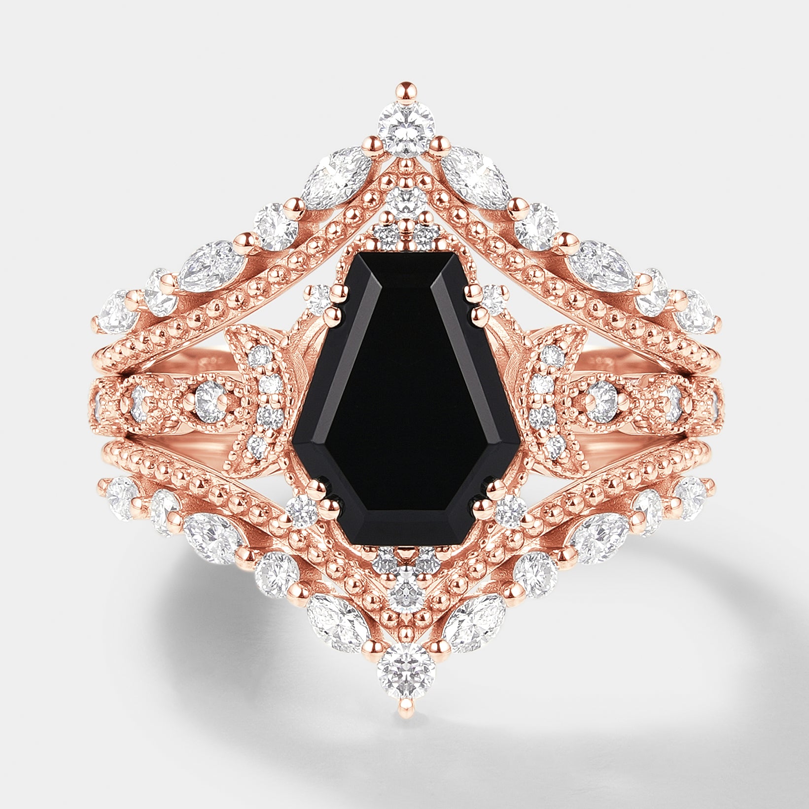 Rose gold coffin cut black onyx engagement ring set