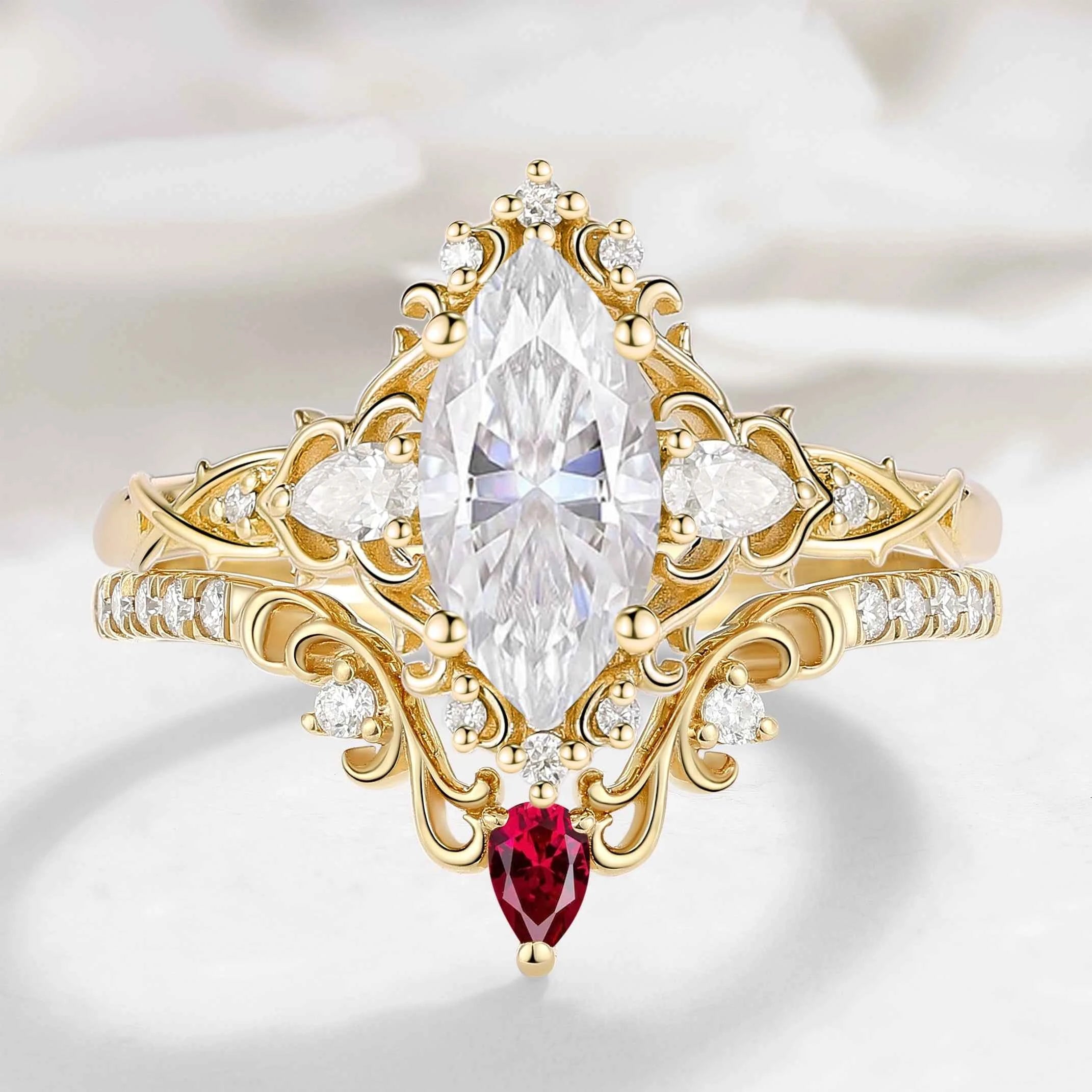 Nature Inspired Vintage Thorn Marquise Moissanite Engagement Ring - Valora Set