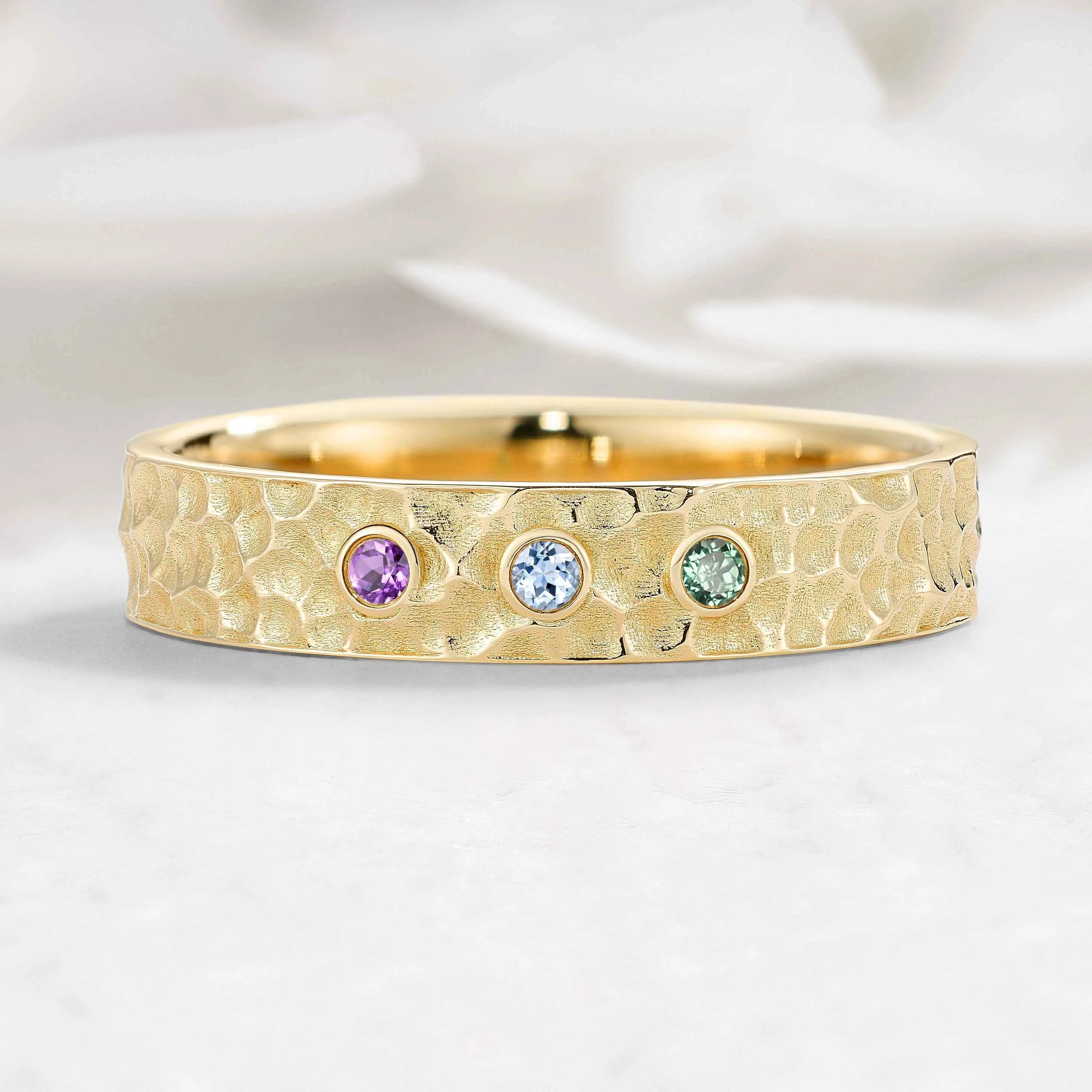 Handcrafted Hammered Men's Band with Three Stones