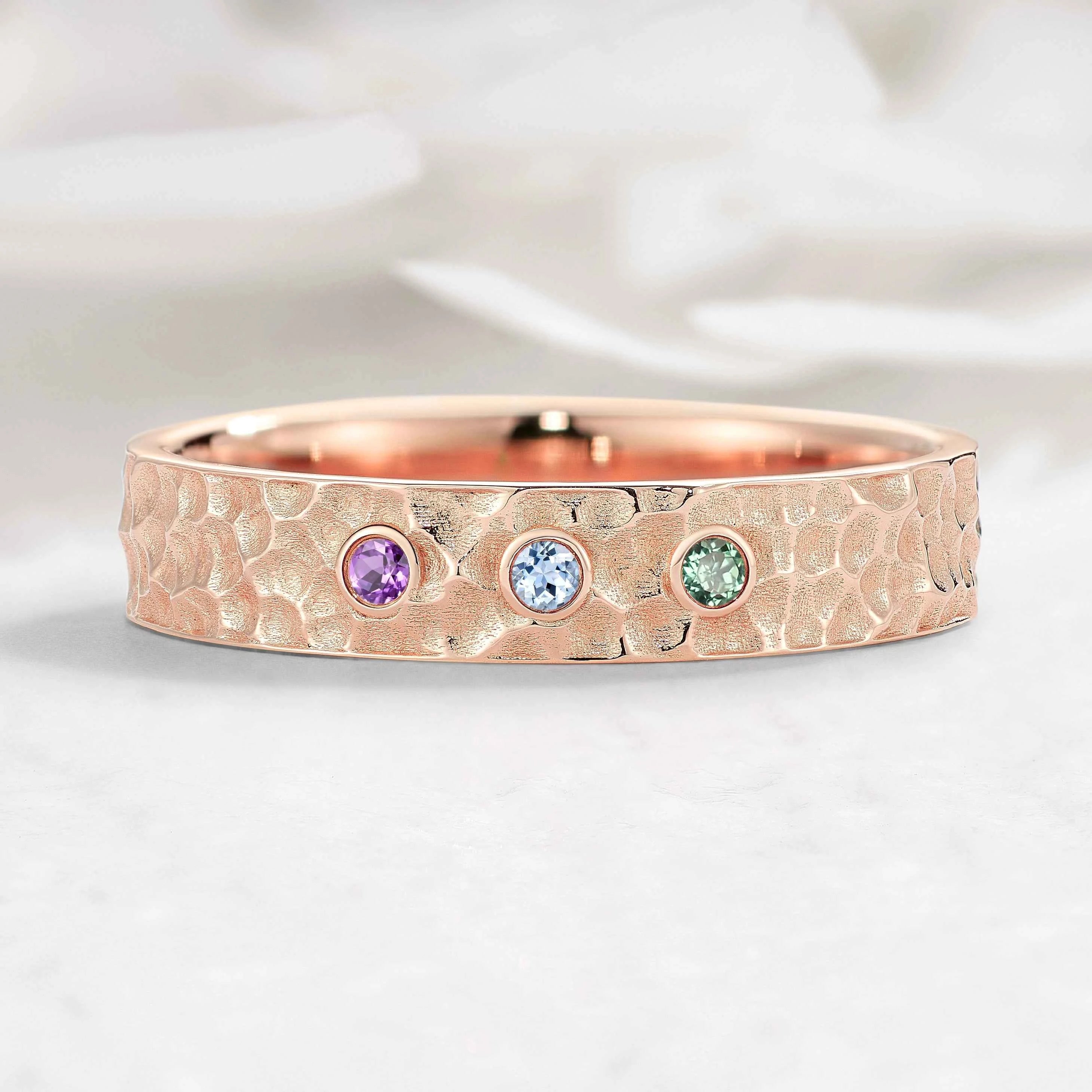 Handcrafted Hammered Men's Band with Three Stones