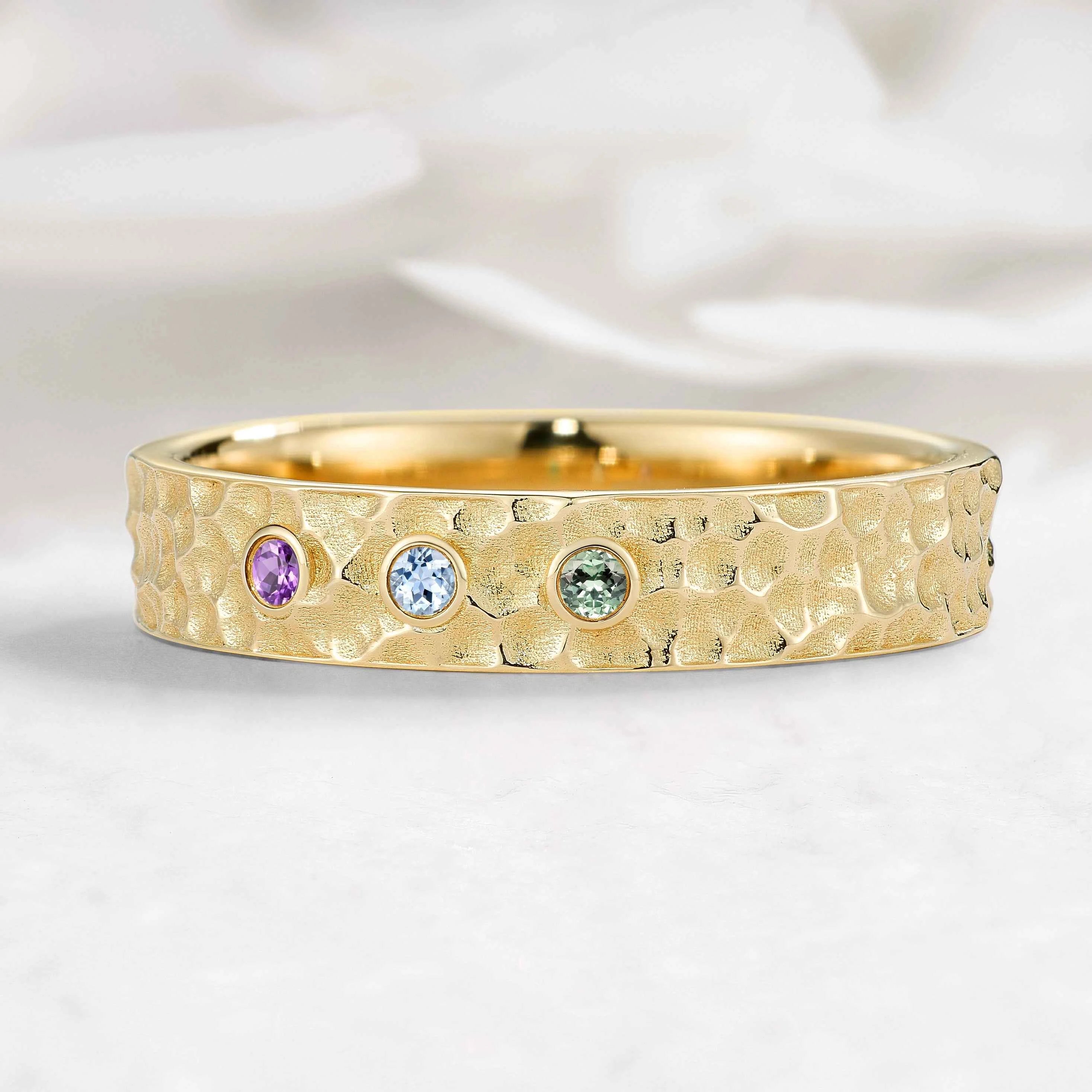 Handcrafted Hammered Men's Band with Three Stones