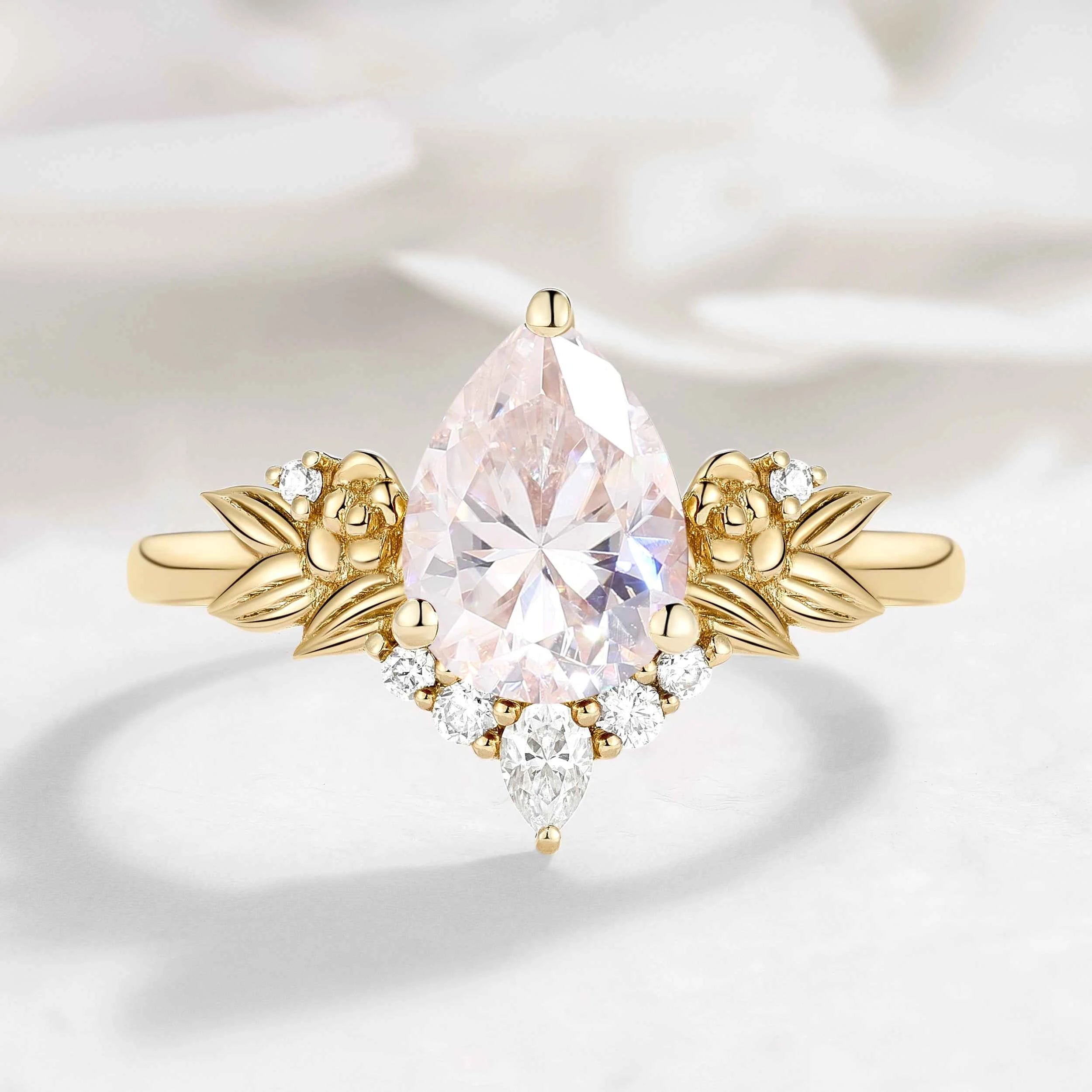 Nature-Inspired Floral Pear Cut Moissanite Engagement Ring