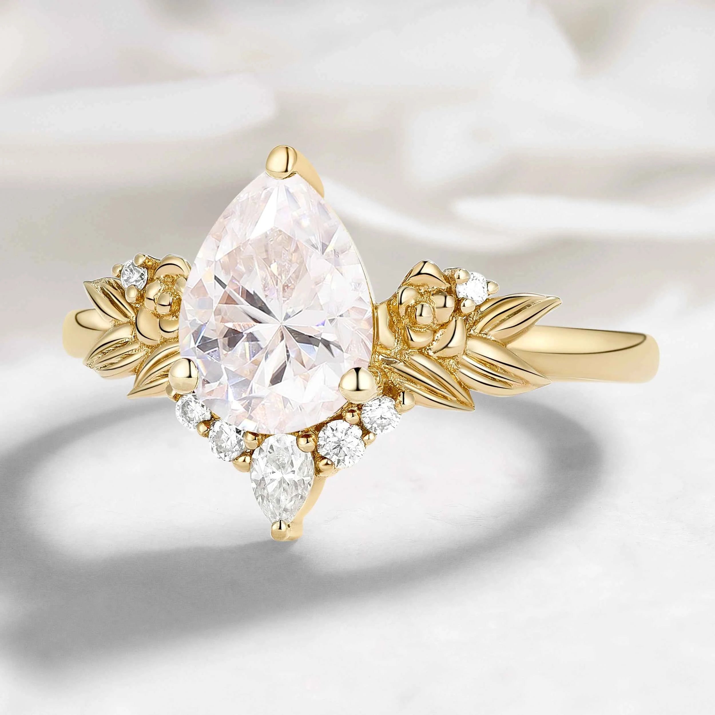 Nature-Inspired Floral Pear Cut Moissanite Engagement Ring