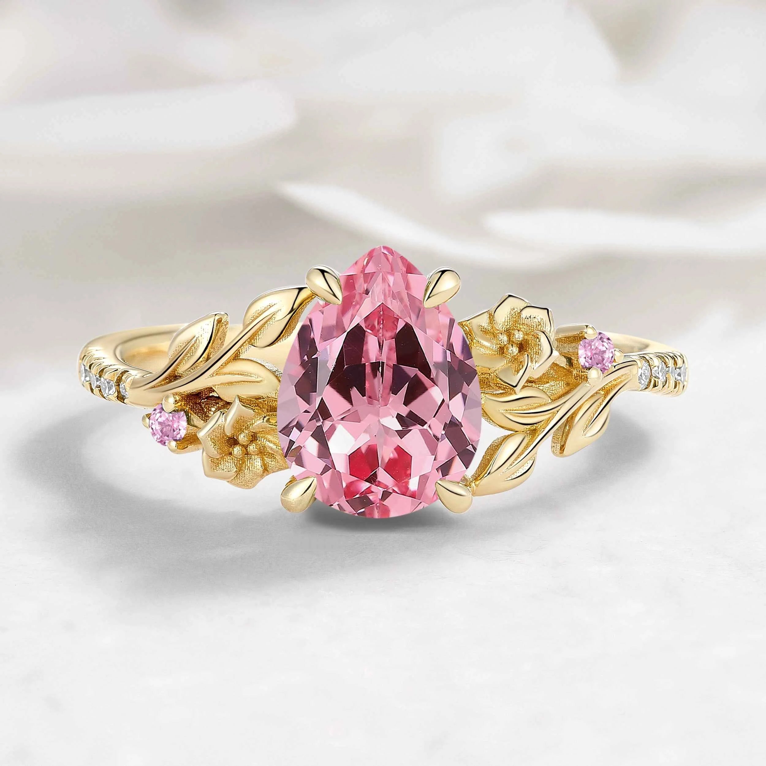 Nature Inspired Pear Cut Padparadscha Sapphire Floral Engagement Ring - Rosalie