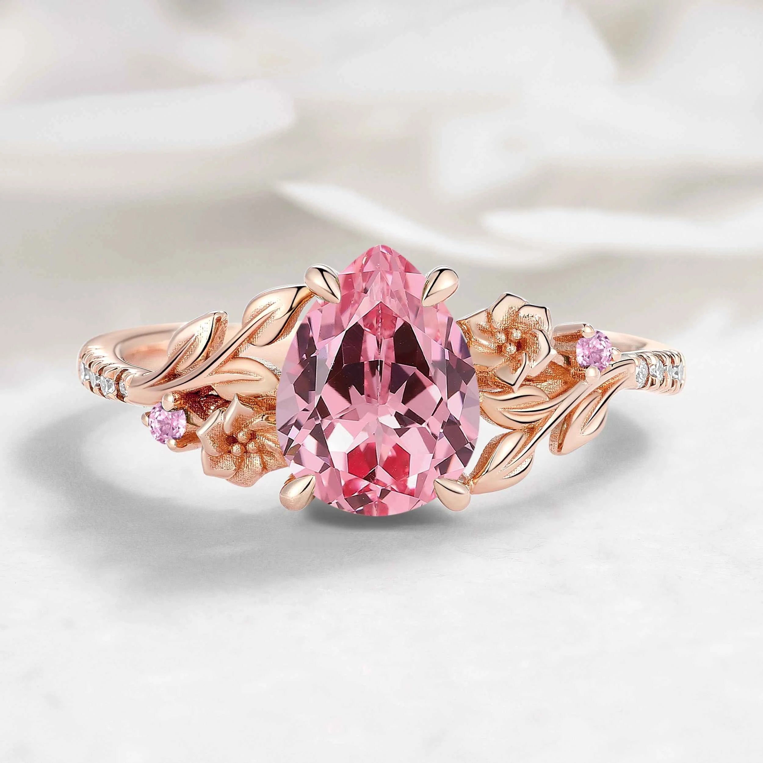 Nature Inspired Pear Cut Padparadscha Sapphire Floral Engagement Ring - Rosalie