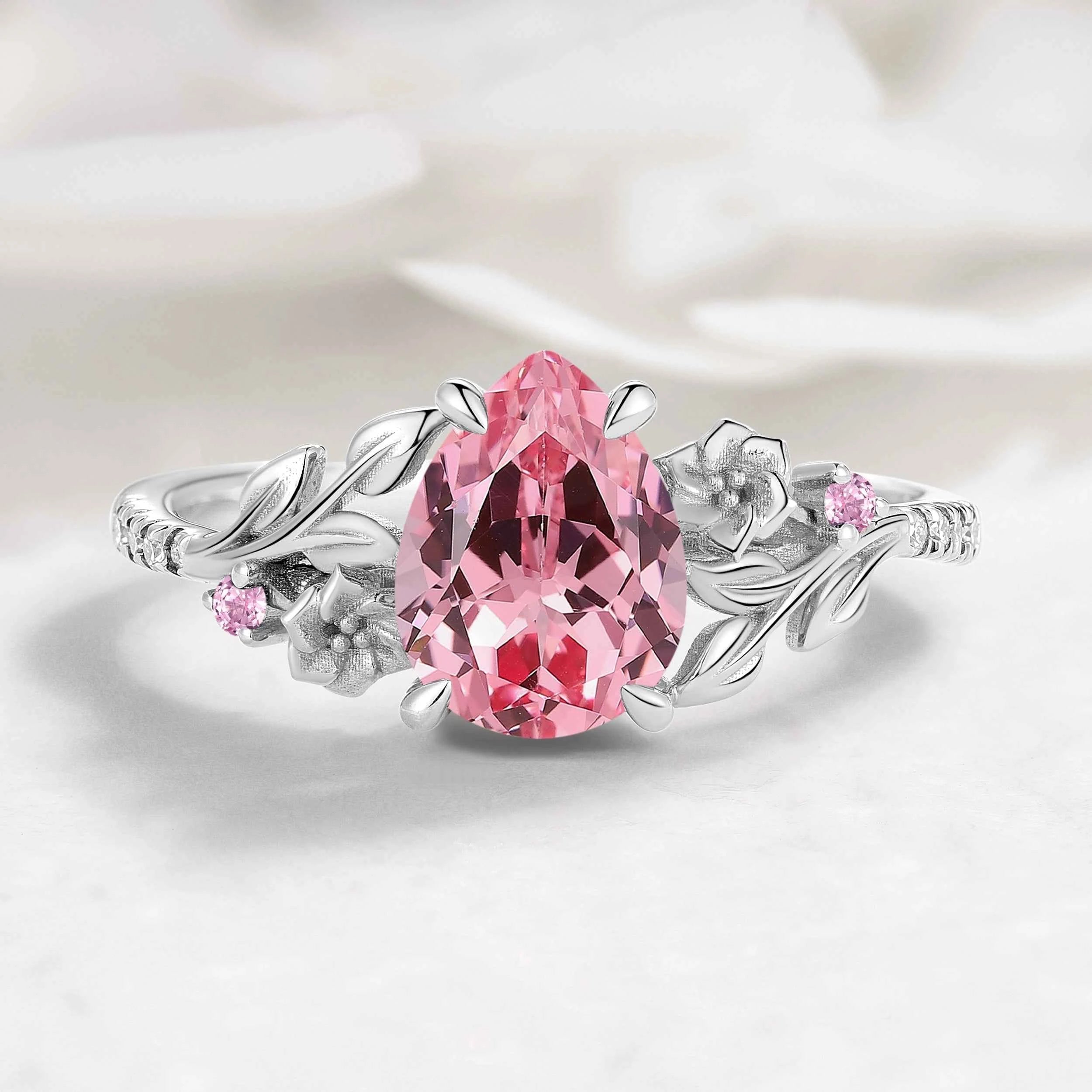 Nature Inspired Pear Cut Padparadscha Sapphire Floral Engagement Ring - Rosalie