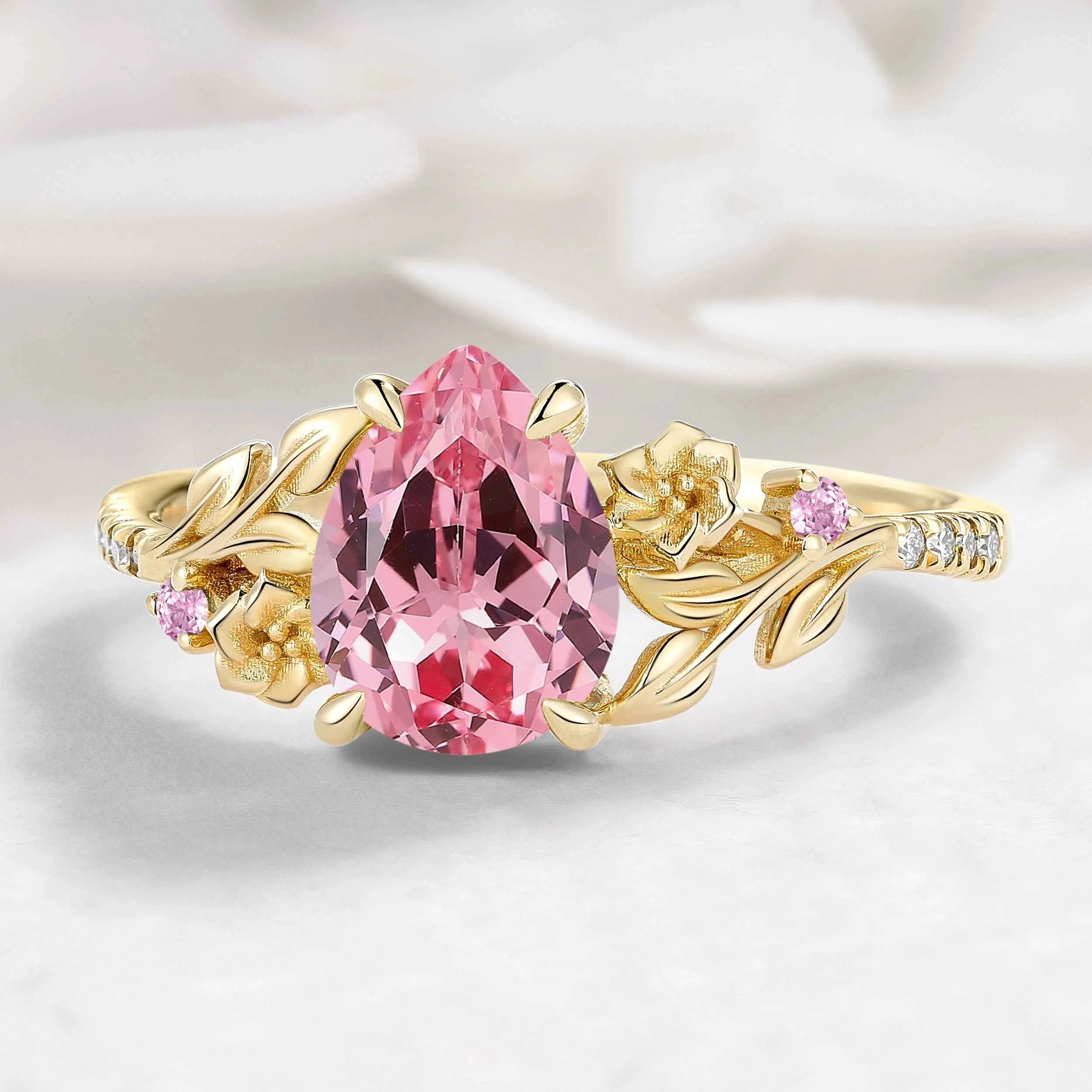 Nature Inspired Pear Cut Padparadscha Sapphire Floral Engagement Ring - Rosalie