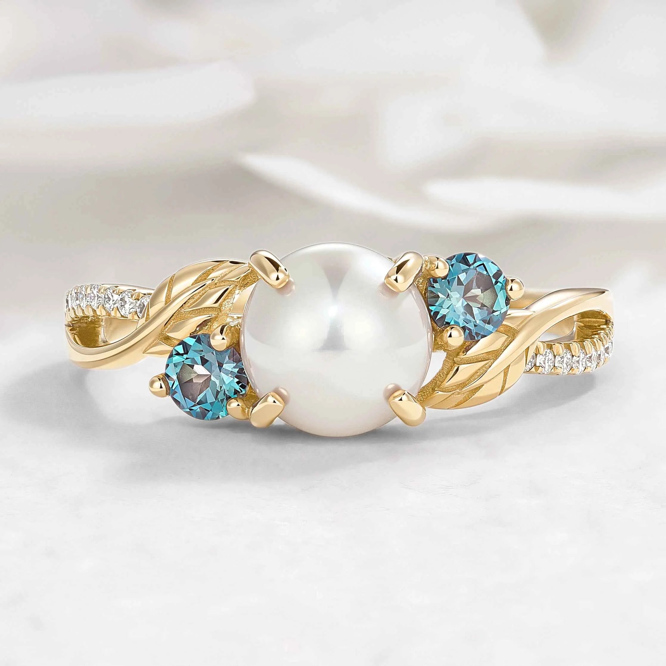Nature Inspired Pearl Engagement Ring with Alexandrite Moissanite Accents