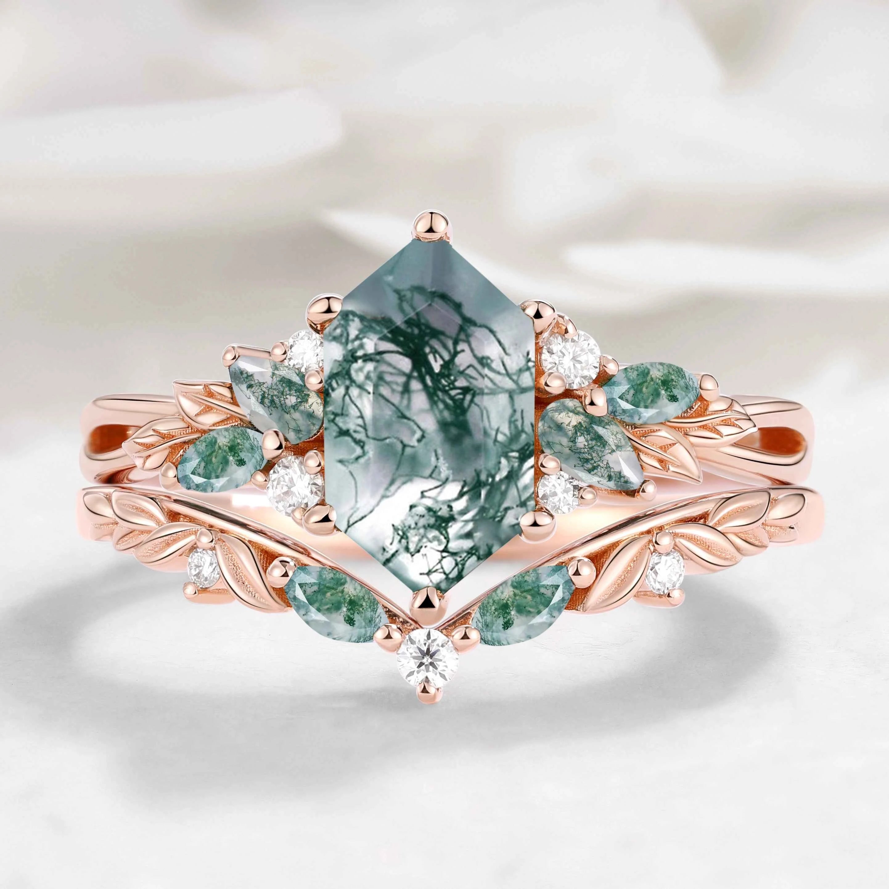 Nature-inspired Leaf Hexagon Cut Moss Agate Engagement Ring 2pcs