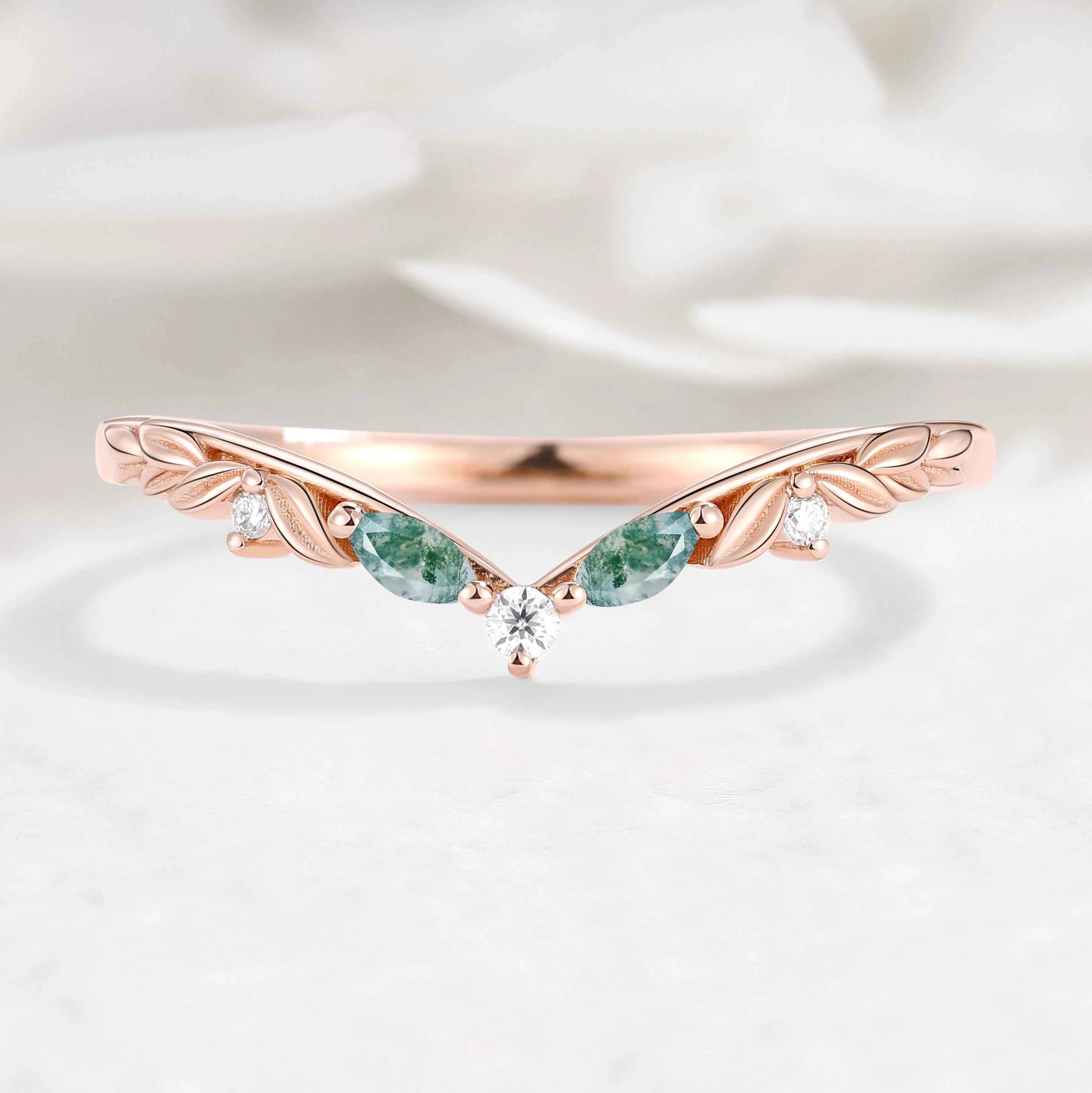 Nature Inspired Moss Agate & Moissanite V Shape Wedding Band