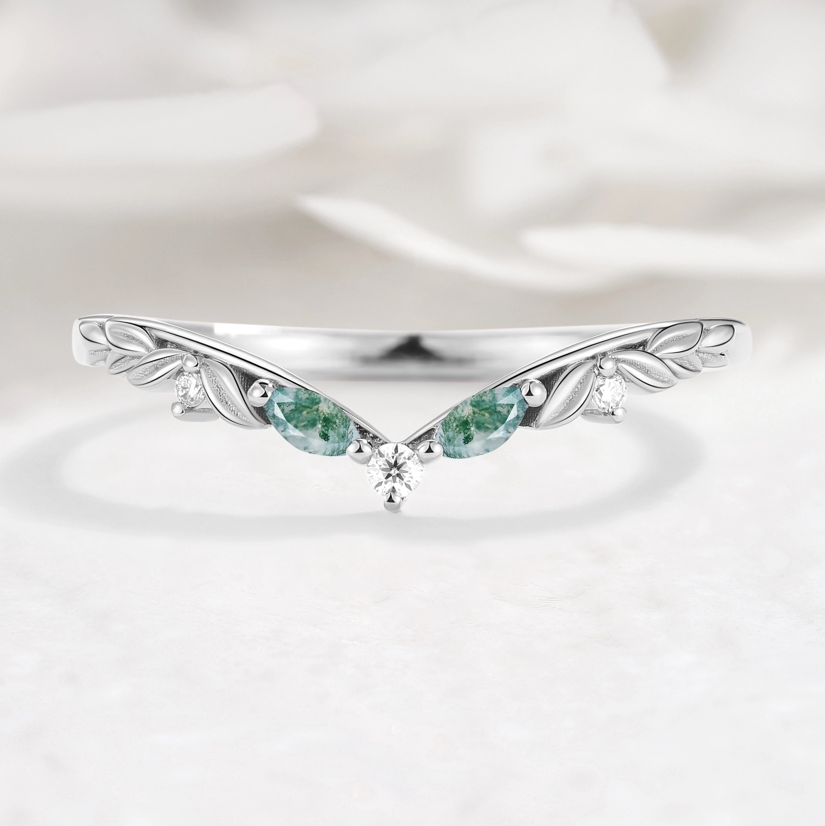 Nature Inspired Moss Agate & Moissanite V Shape Wedding Band