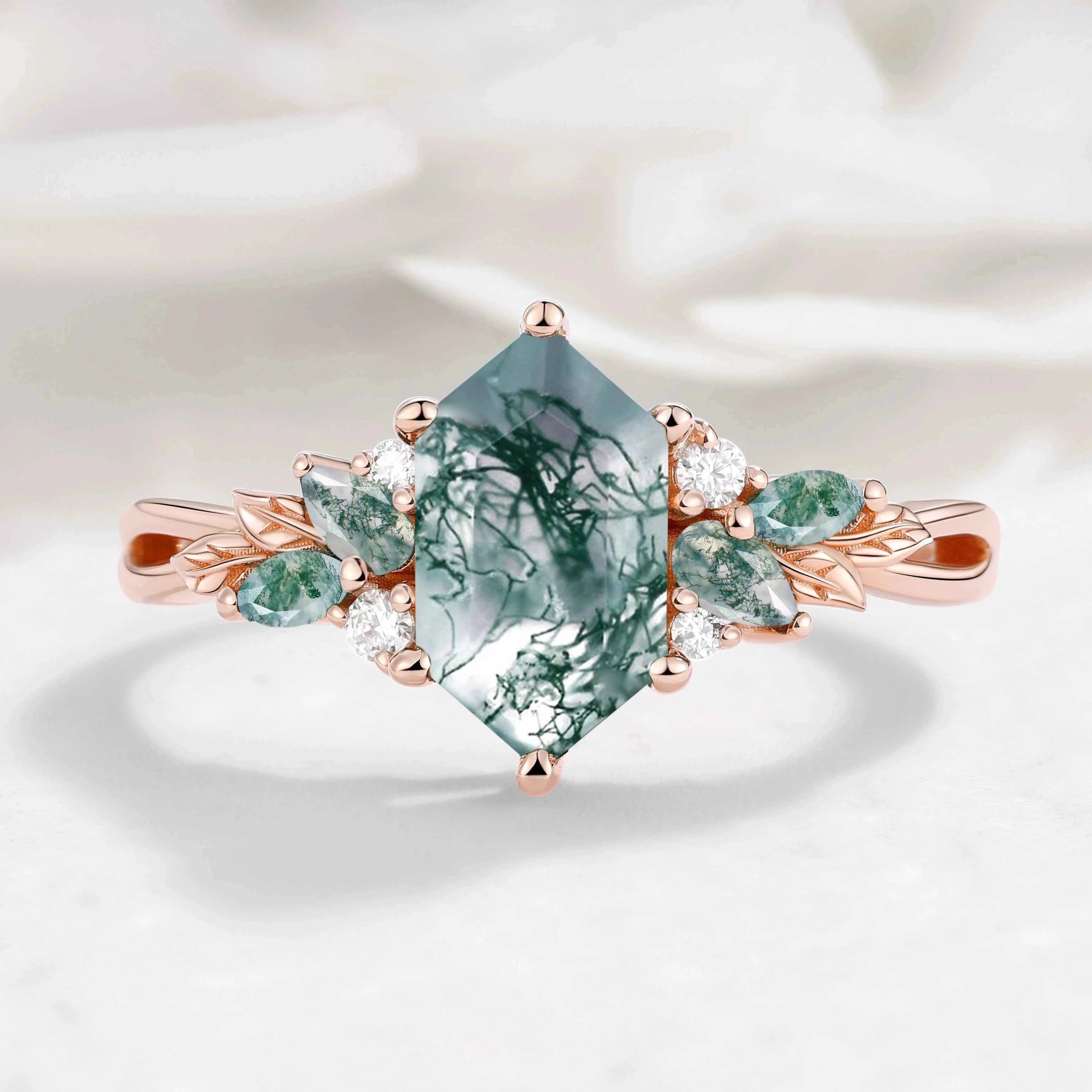 Custom Nature-inspired Leaf Hexagon Cut Moss Agate Engagement Ring