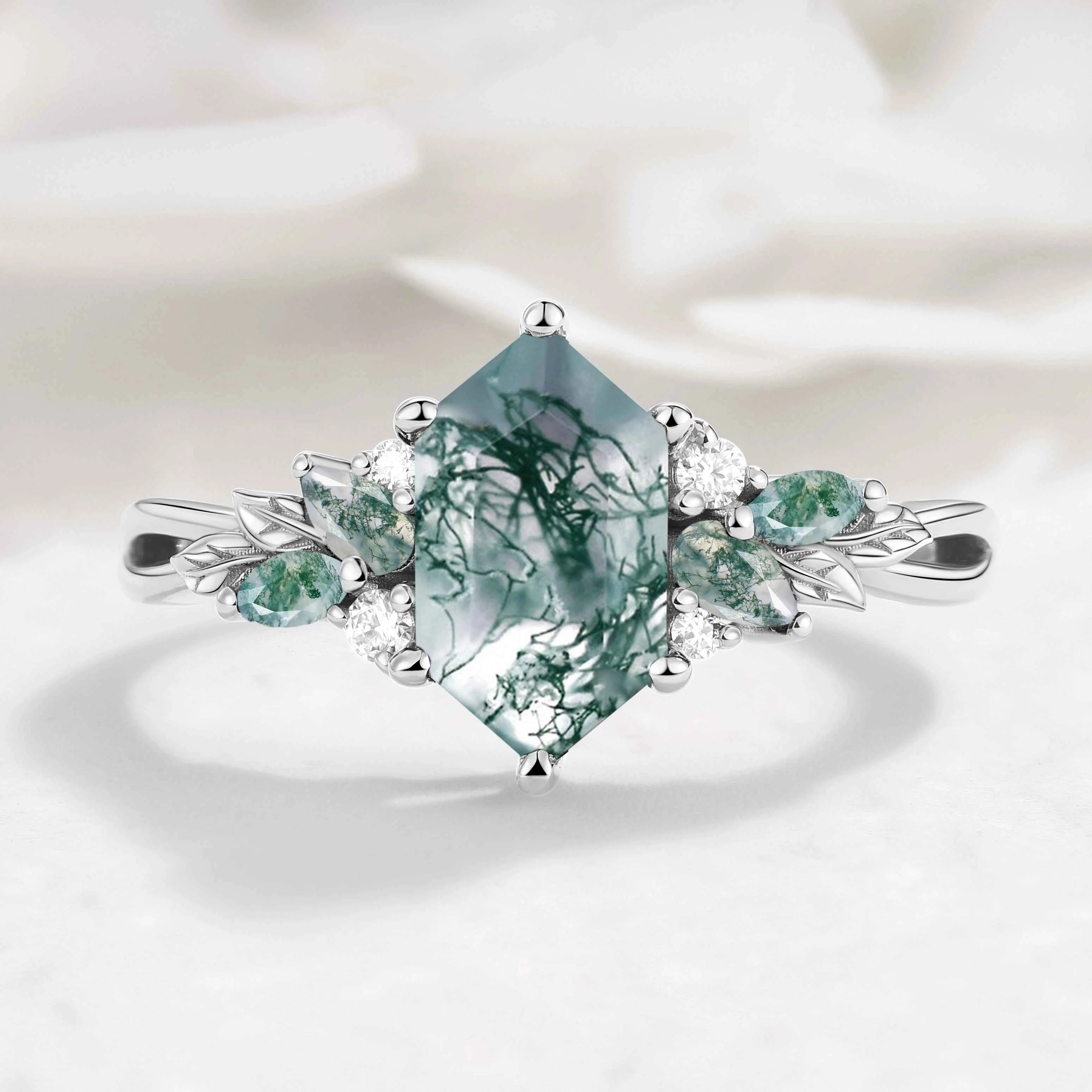 Nature-inspired Leaf Hexagon Cut Moss Agate Engagement Ring