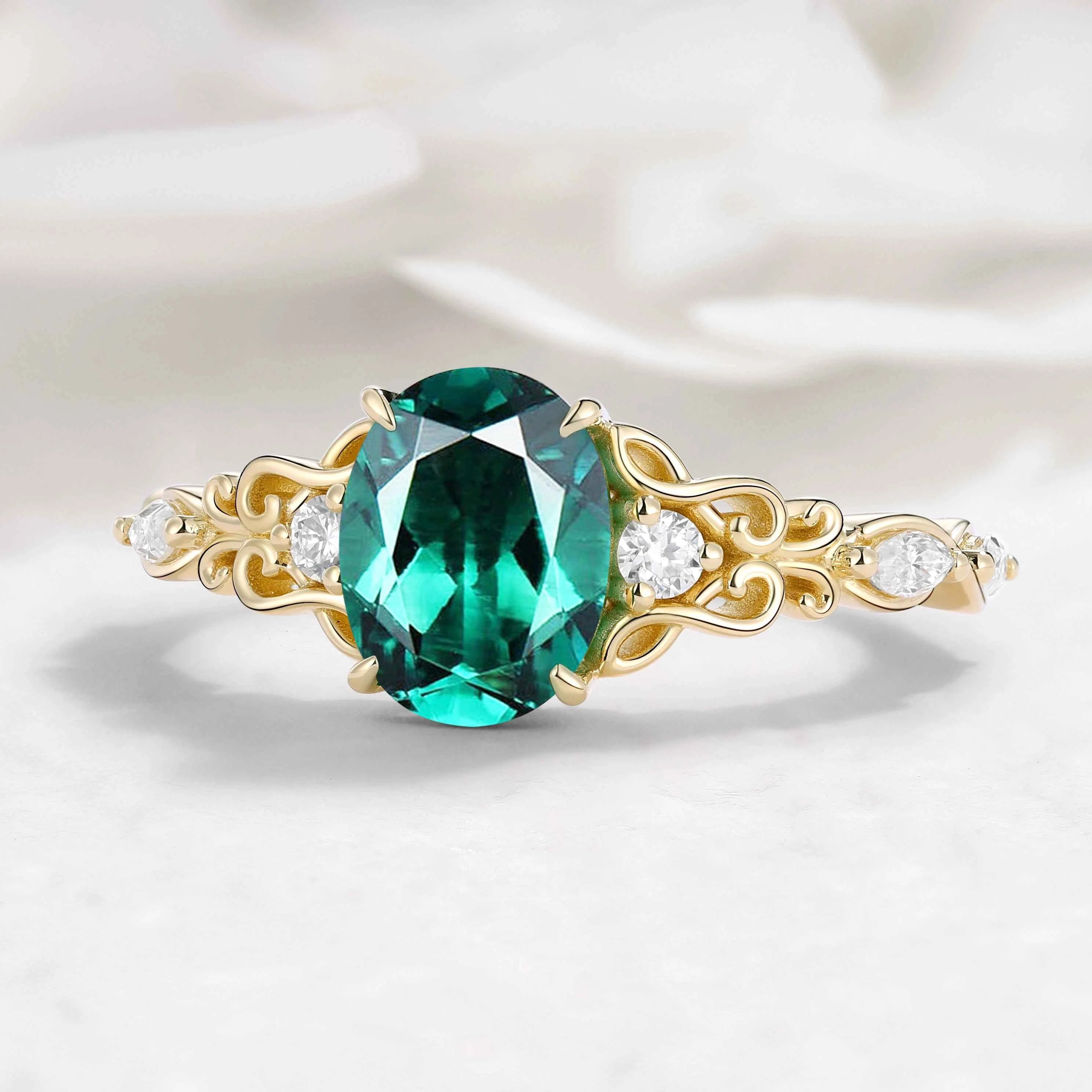 Oval Cut Musical Note Emerald Engagement Ring - Melody Ring