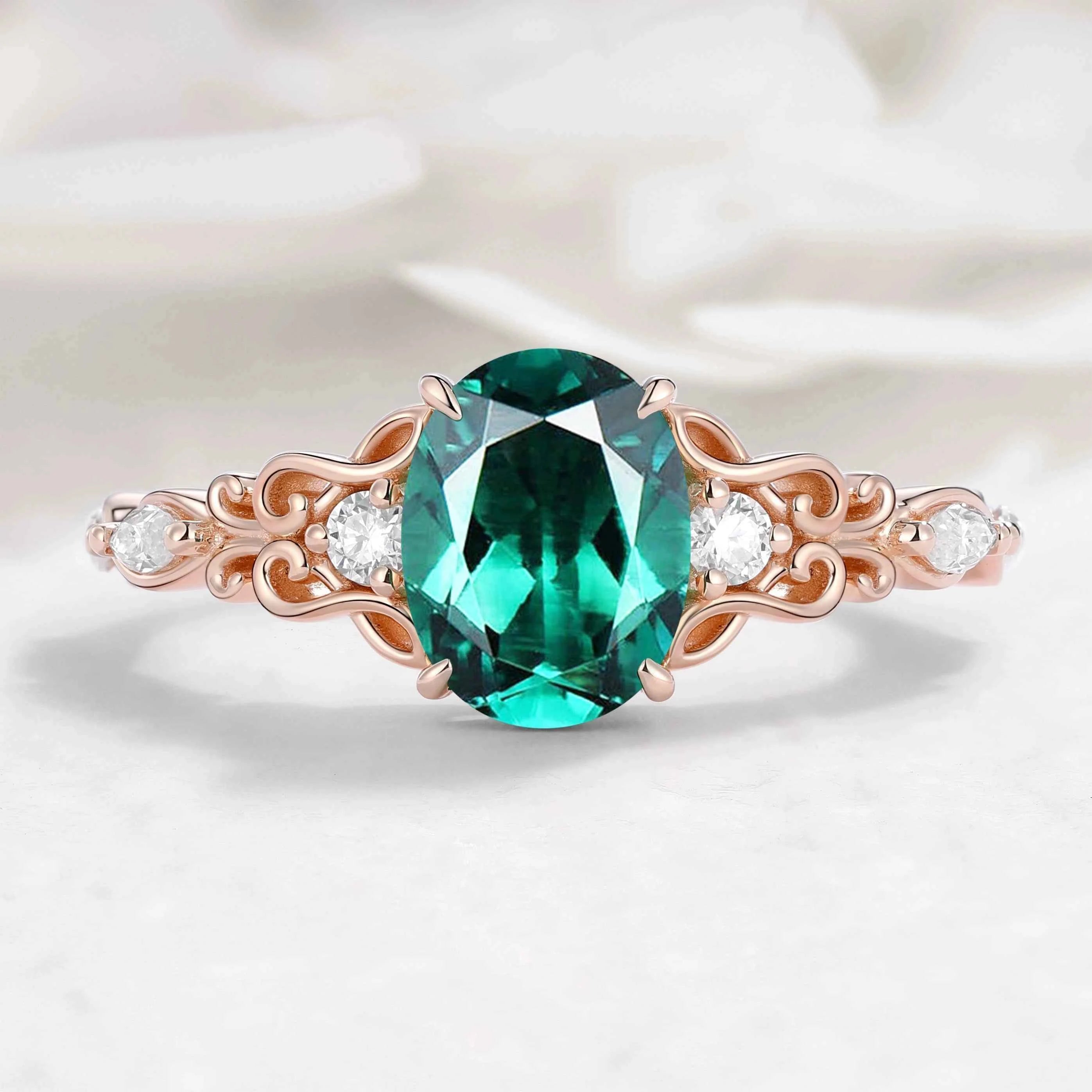 Oval Cut Musical Note Emerald Engagement Ring - Melody Ring Set