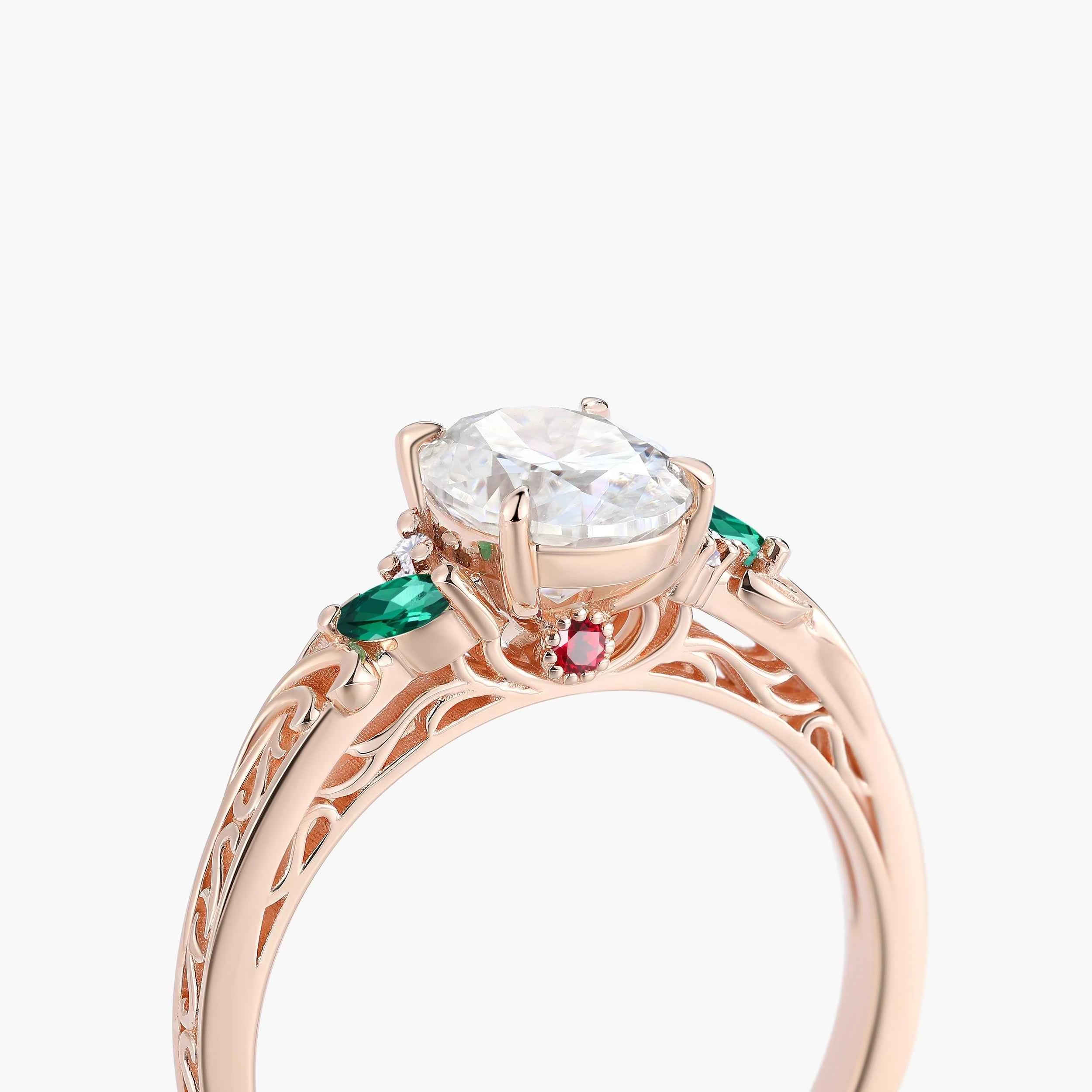 Vintage Leaf Oval Moissanite Engagement Ring with Hidden Birthstone - Briony